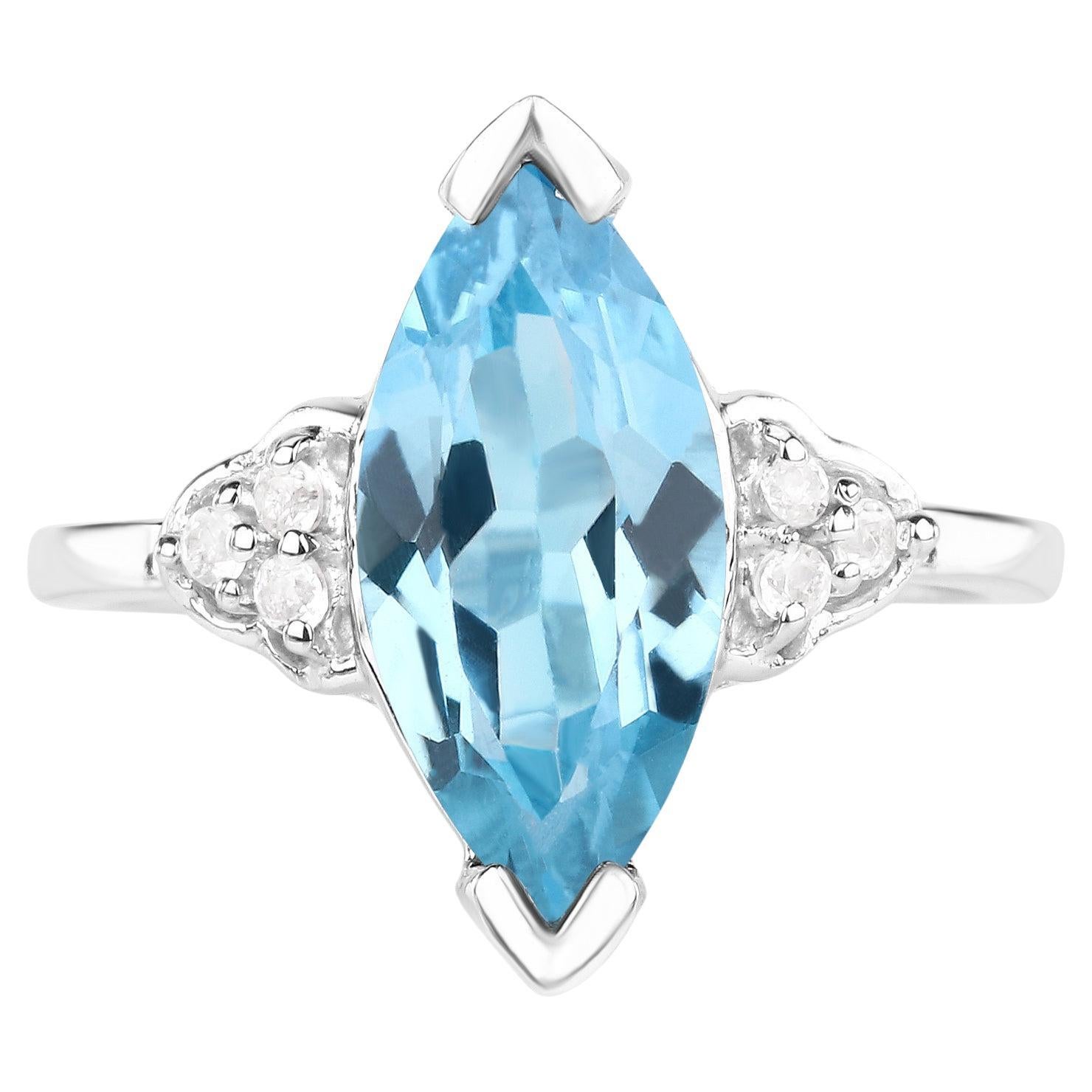 Swiss Blue Topaz Marquise Ring White Topaz Setting 3.77 Carats