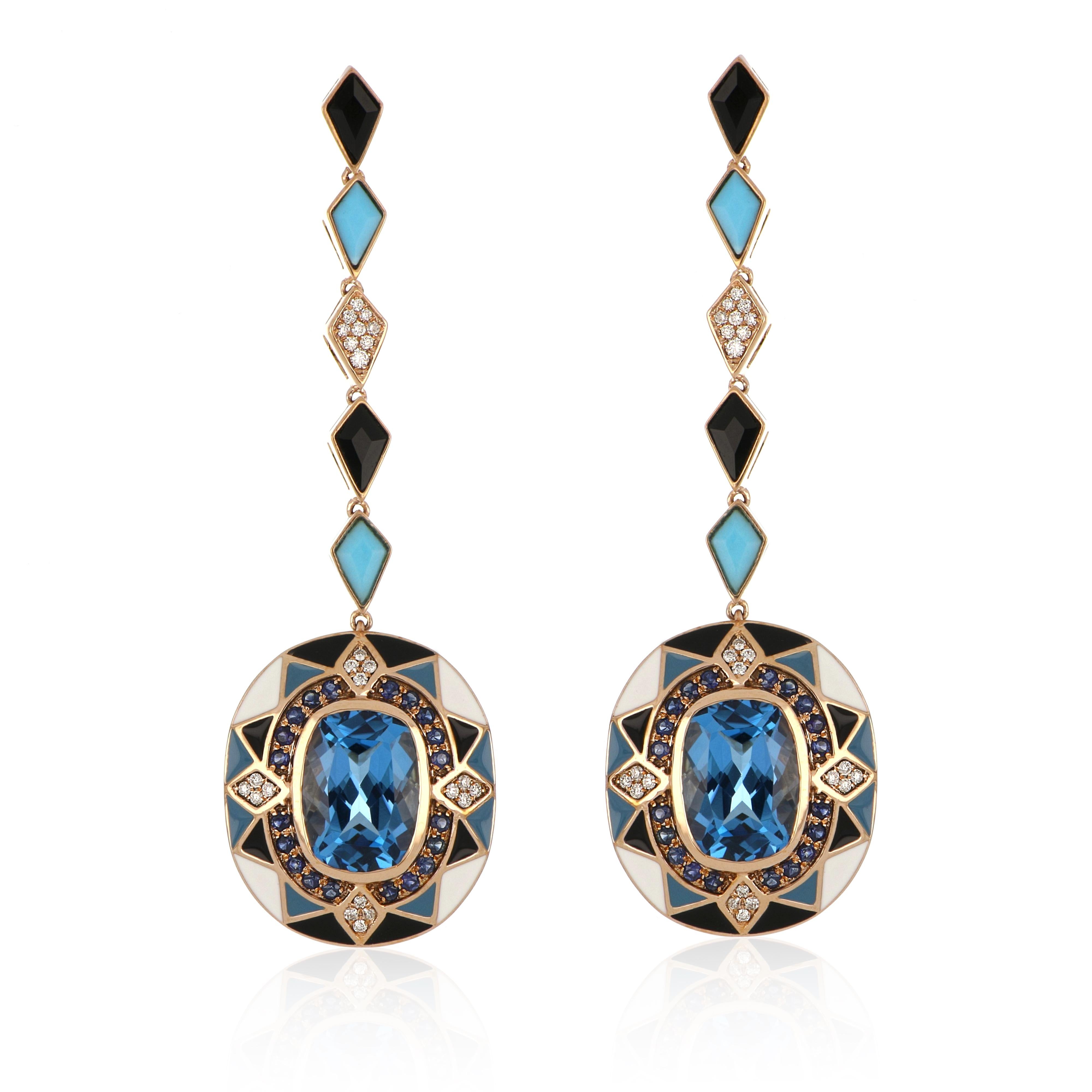 Swiss Blue Topaz & Multi Stone Studded Enamel Earrings in 14 Karat Gold For Sale 4