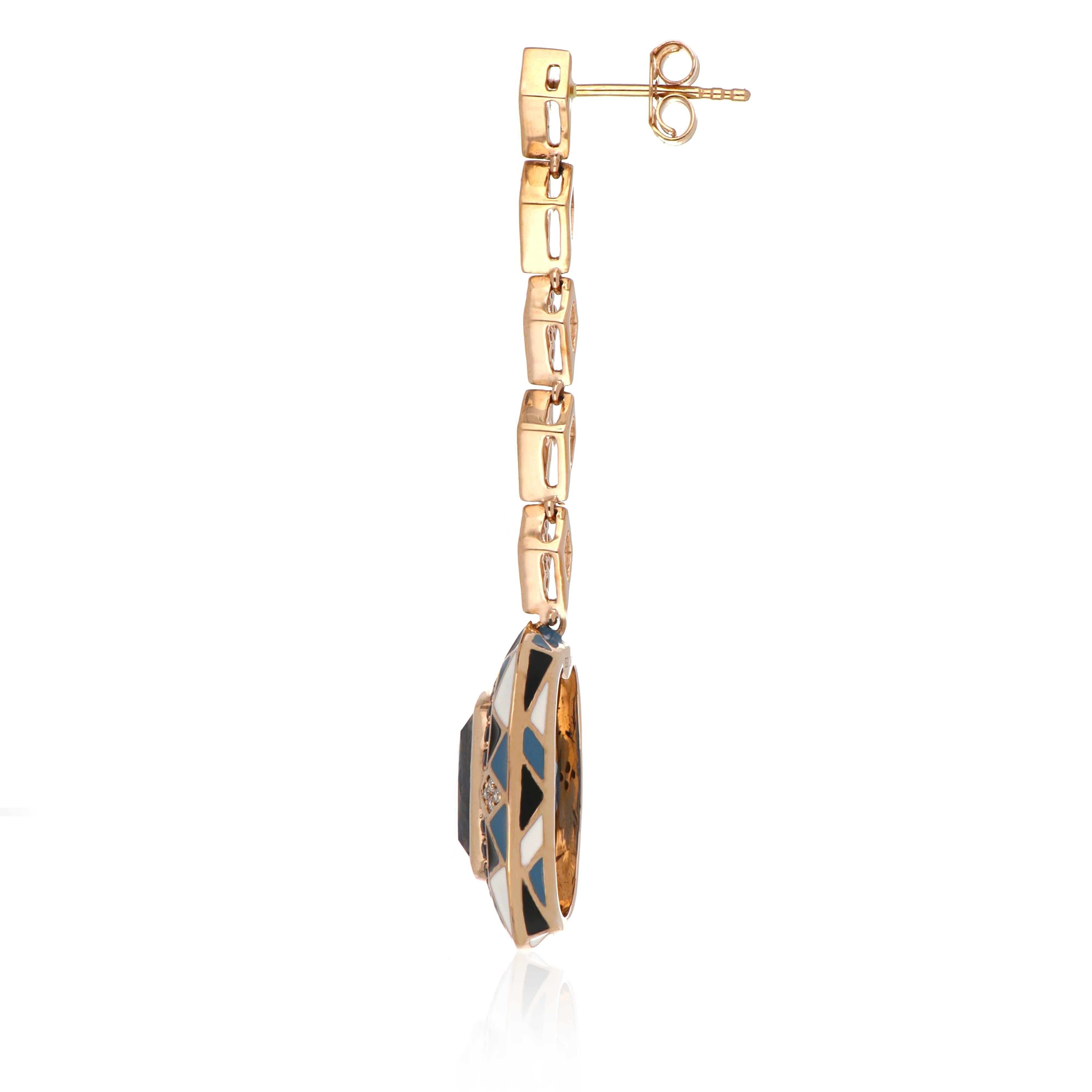 Swiss Blue Topaz & Multi Stone Studded Enamel Earrings in 14 Karat Gold For Sale 5