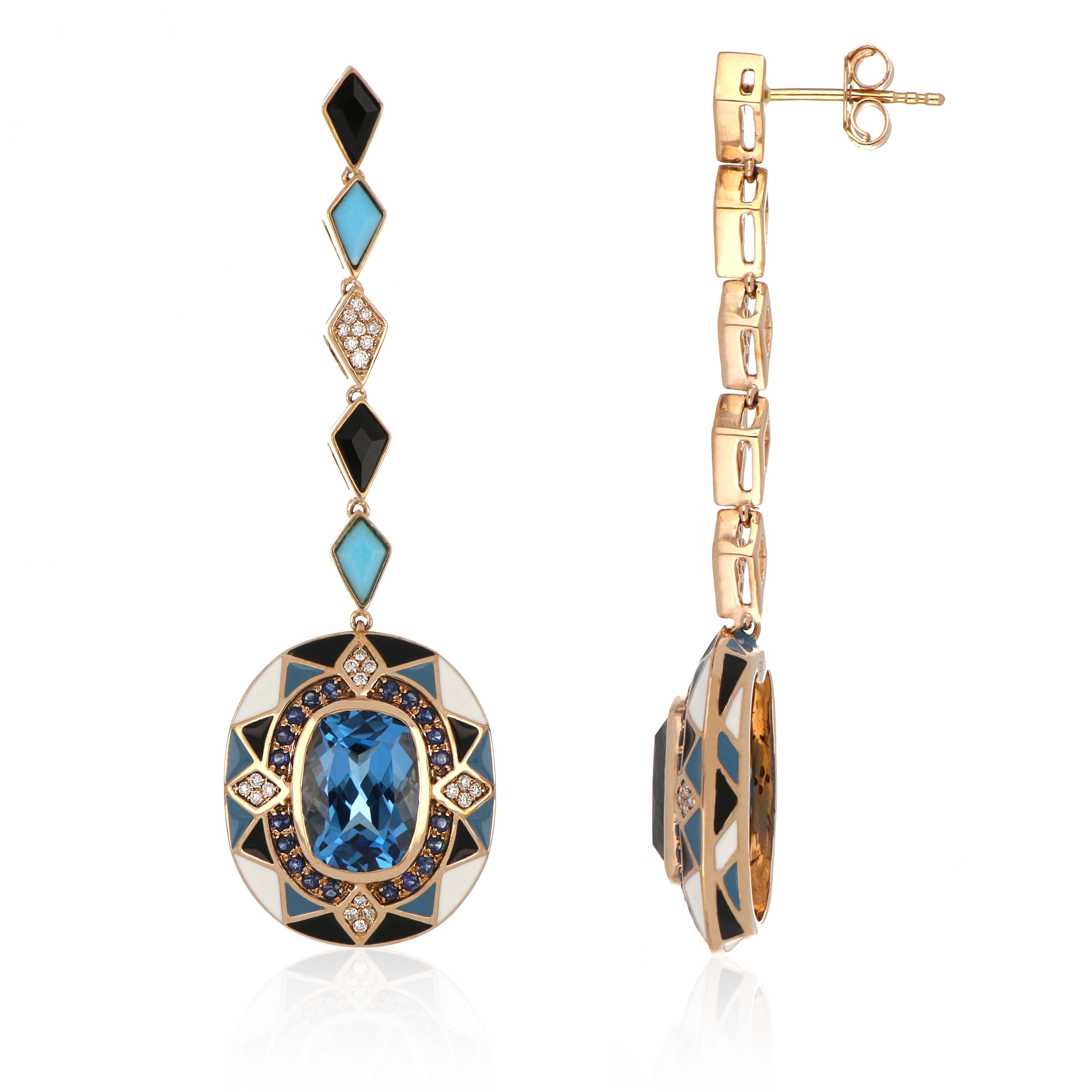 Swiss Blue Topaz & Multi Stone Studded Enamel Earrings in 14 Karat Gold For Sale 1