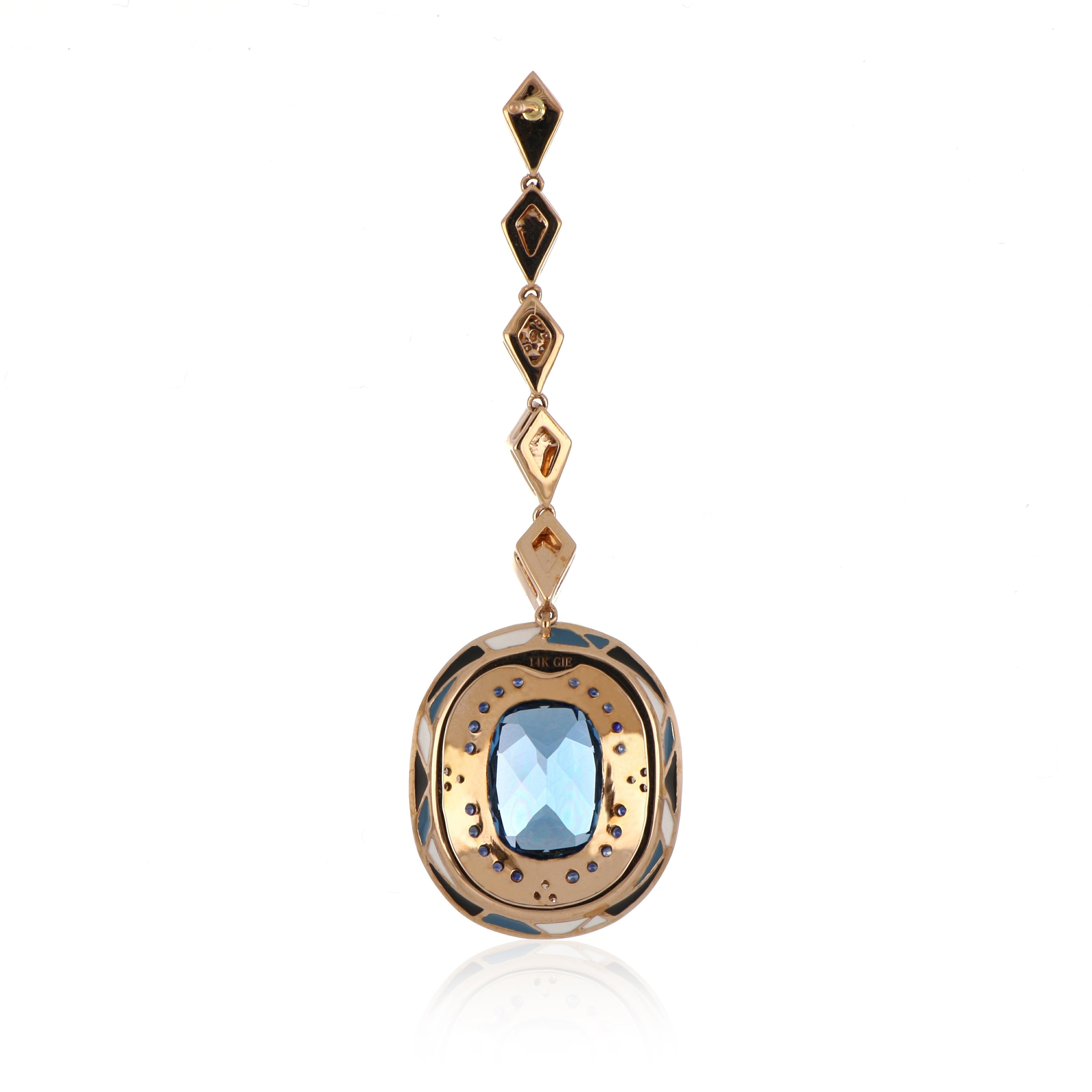Swiss Blue Topaz & Multi Stone Studded Enamel Earrings in 14 Karat Gold For Sale 2