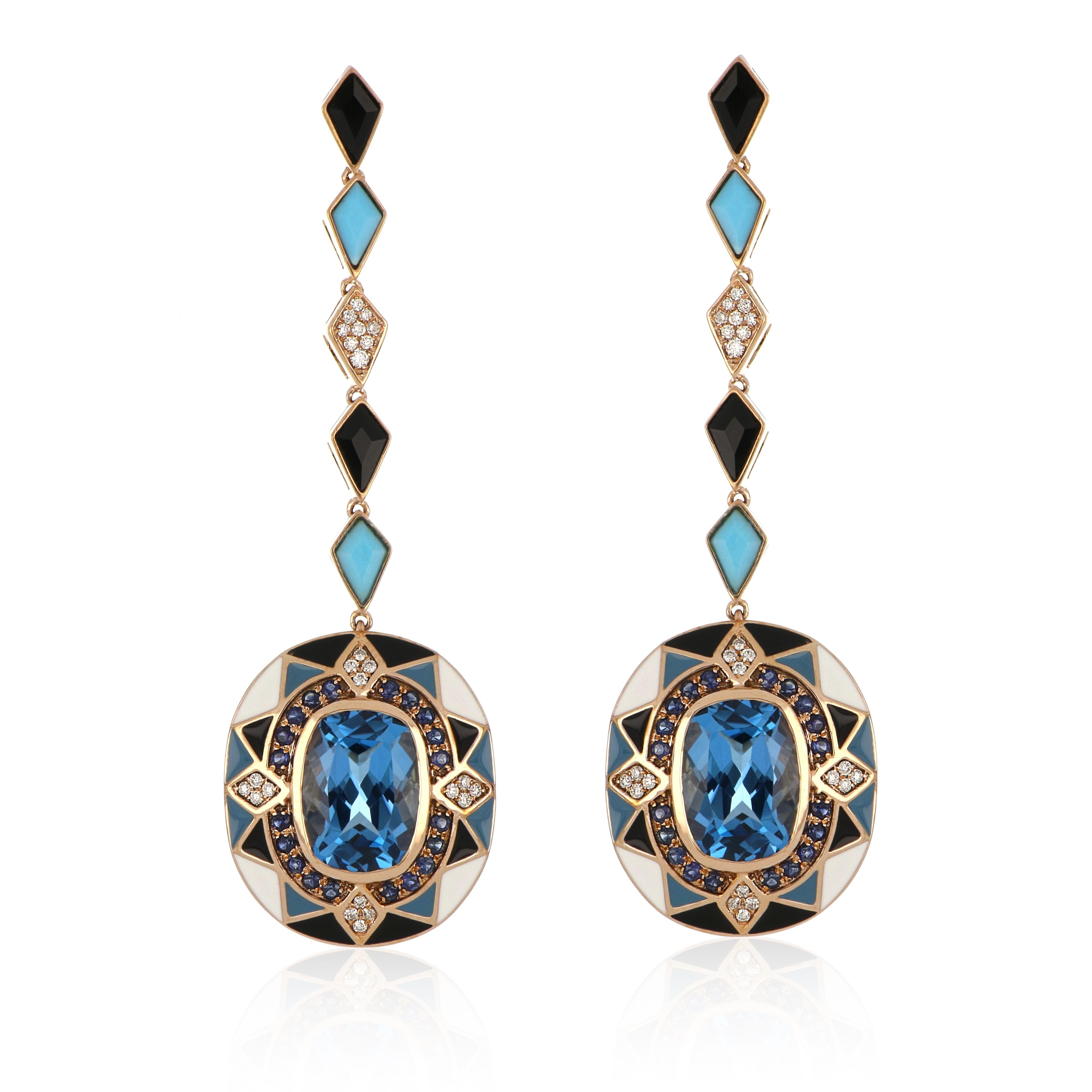 Elegant and exquisite Enamel Cocktail 14 K Earrings center set with 8.80 Cts. Cushion Cut vibrant Swiss Blue Topaz, surrounded by Blue Sapphire Halo 0.42 Cts. accented with special cut Kite Shaped Black Spinel 0.60 Cts and Turquoise 0.62 cts along
