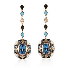 Swiss Blue Topaz & Multi Stone Studded Enamel Earrings in 14 Karat Gold