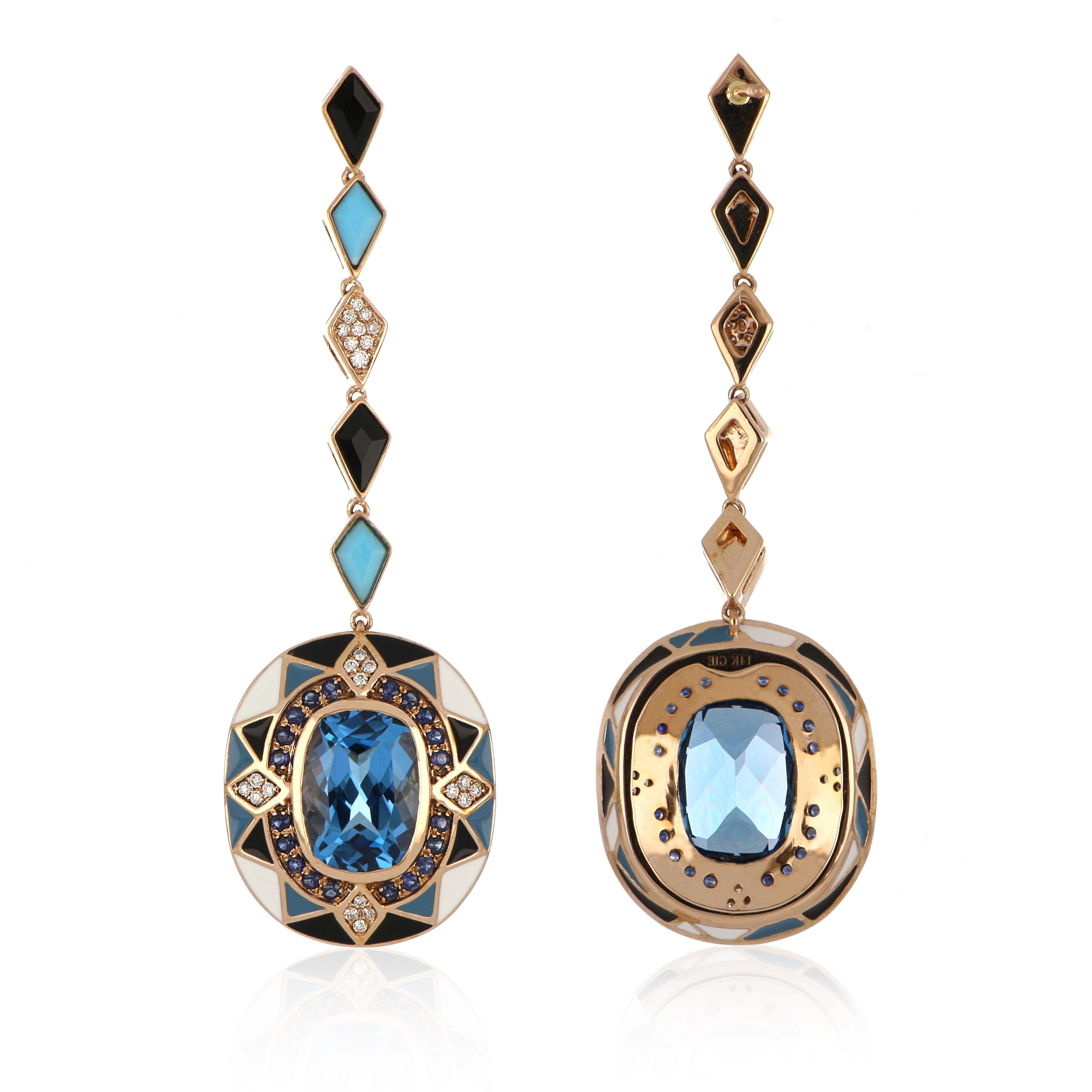 Contemporary Swiss Blue Topaz & Multi Stone Studded Enamel Earrings in 14 Karat Gold For Sale