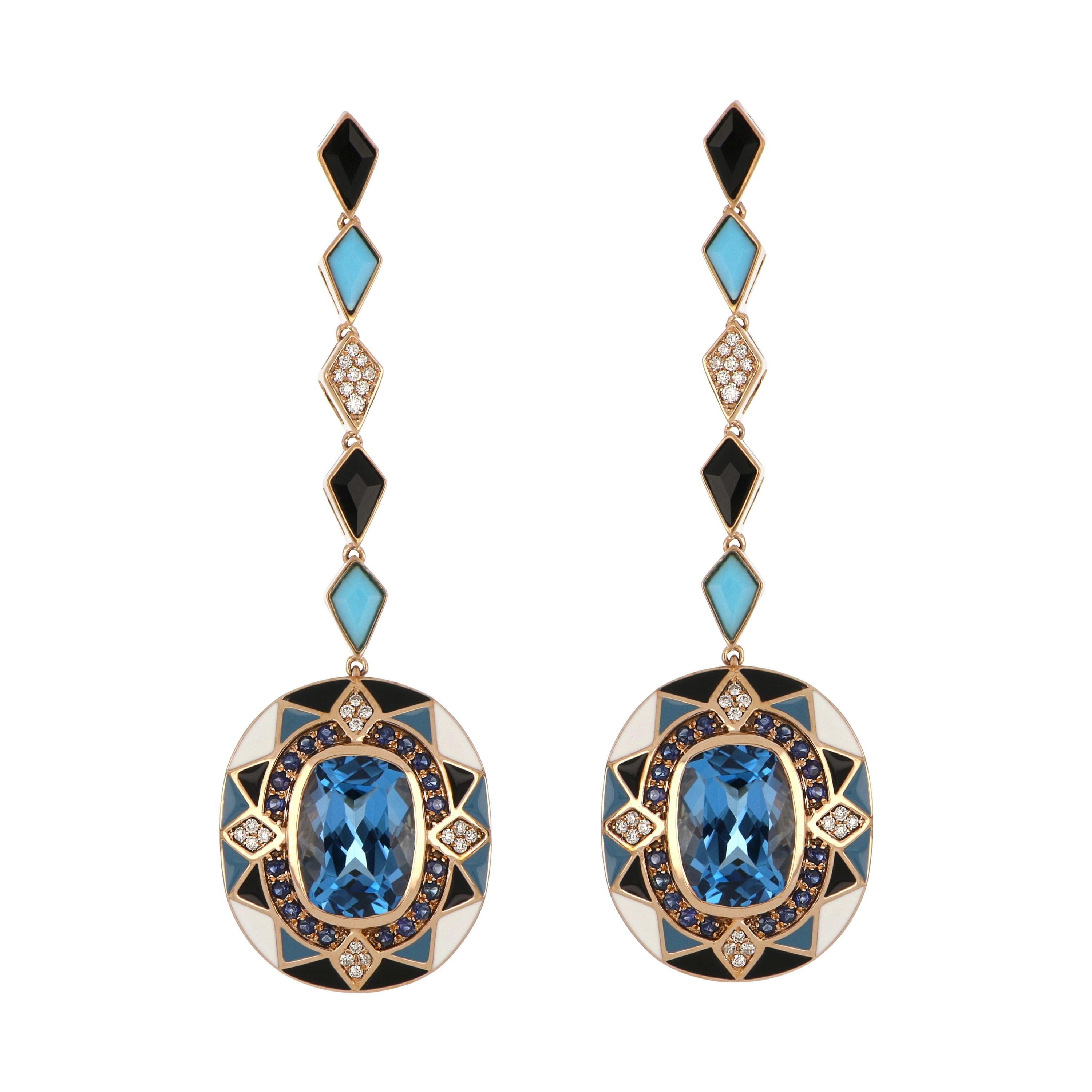 Swiss Blue Topaz & Multi Stone Studded Enamel Earrings in 14 Karat Gold For Sale