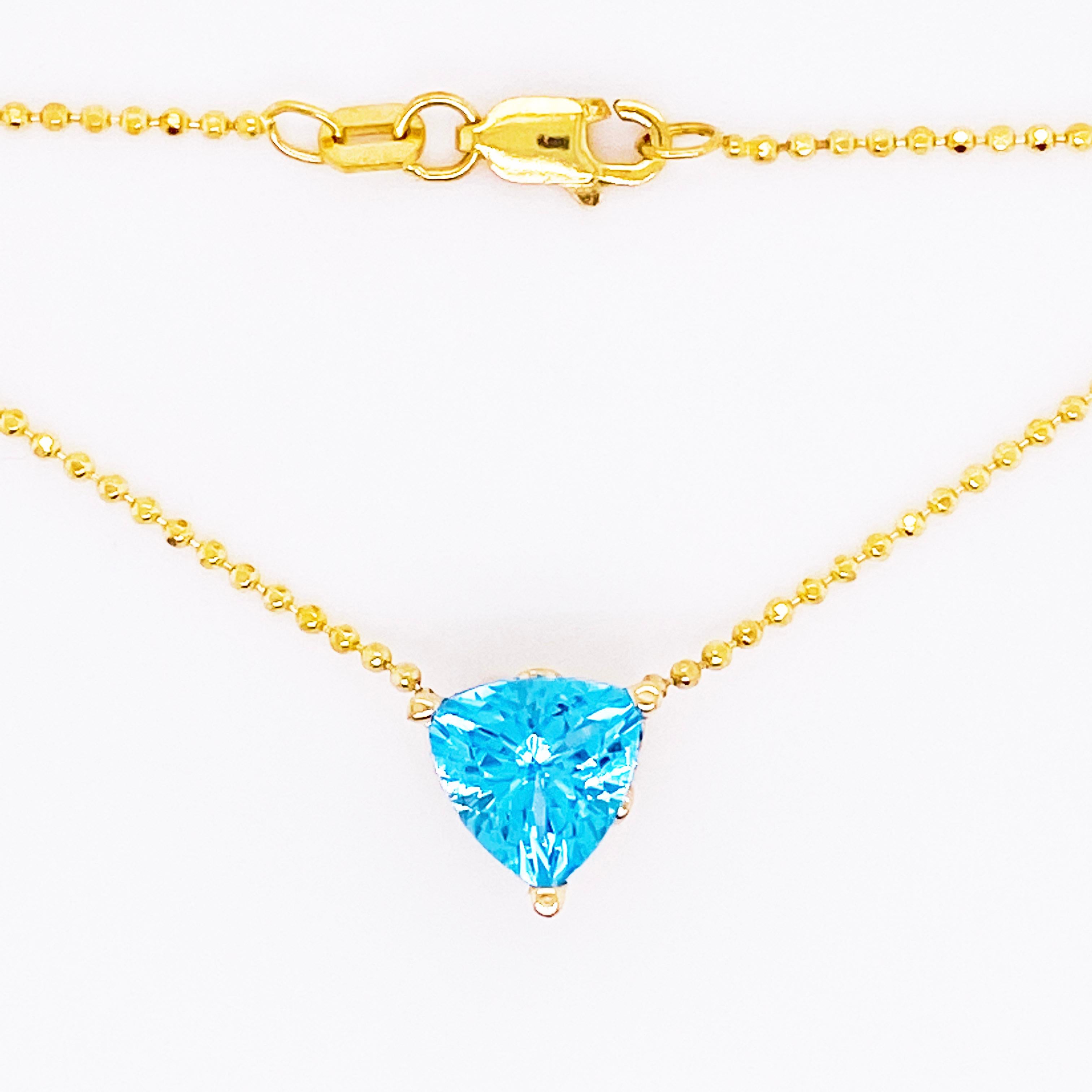 Modern Swiss Blue Topaz Necklace 14 Karat Gold Pendant Trillion #NeckMess Crown, Beaded