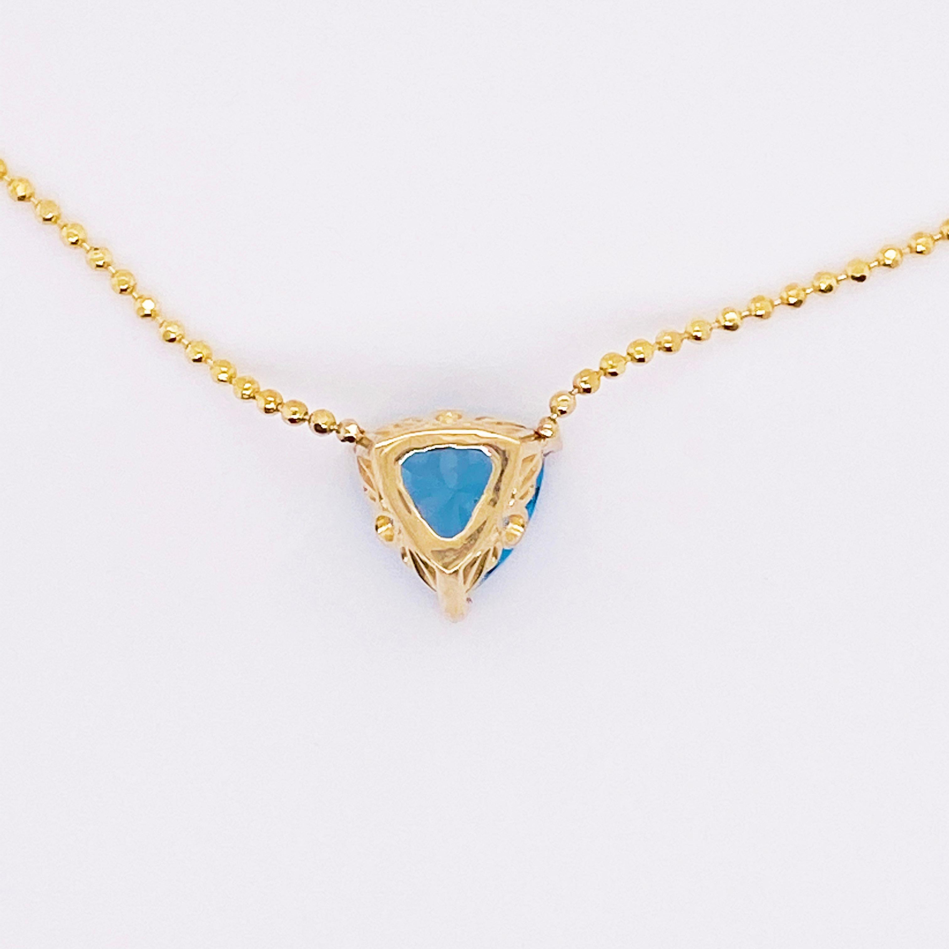 Swiss Blue Topaz Necklace 14 Karat Gold Pendant Trillion #NeckMess Crown, Beaded In New Condition In Austin, TX