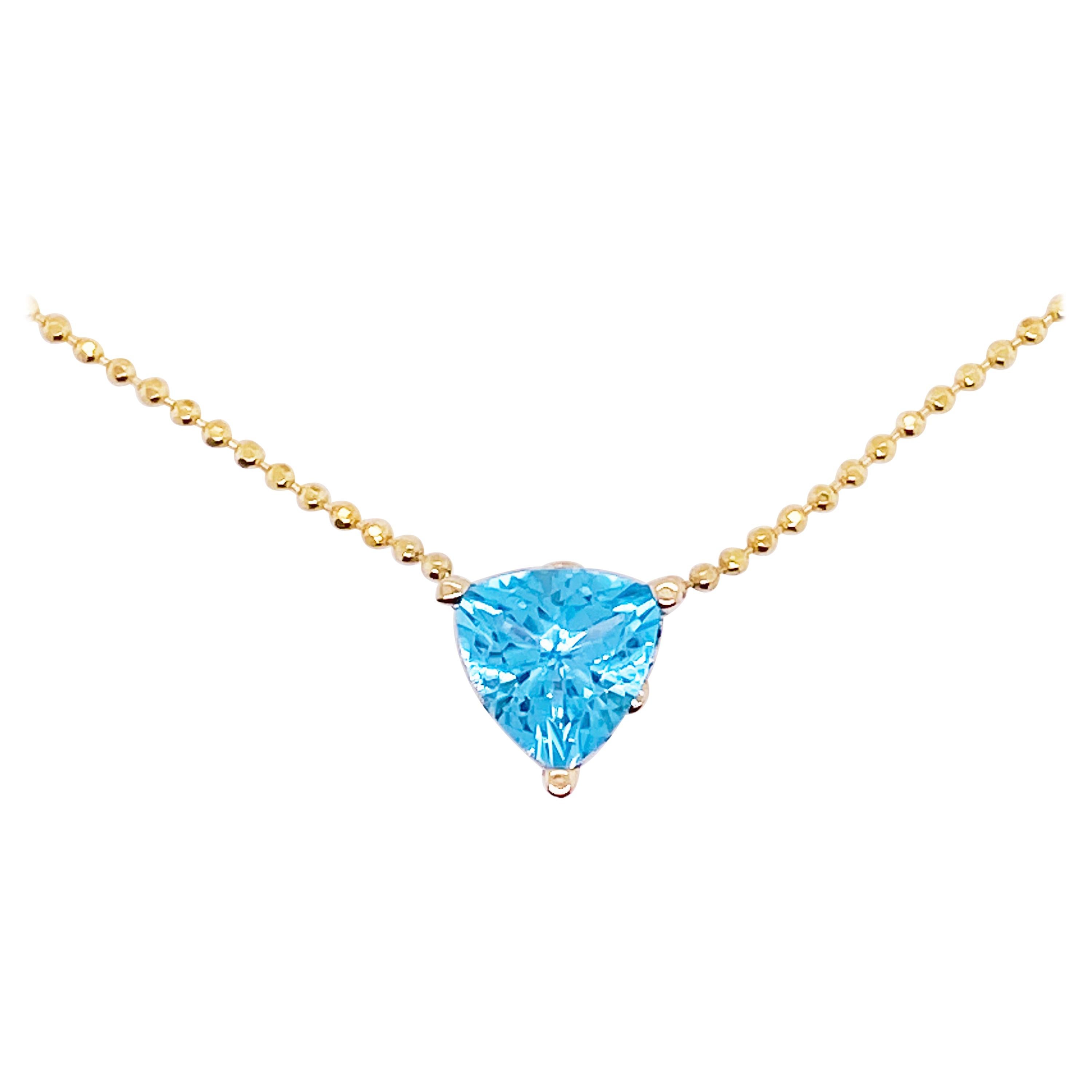 Swiss Blue Topaz Necklace 14 Karat Gold Pendant Trillion #NeckMess Crown, Beaded