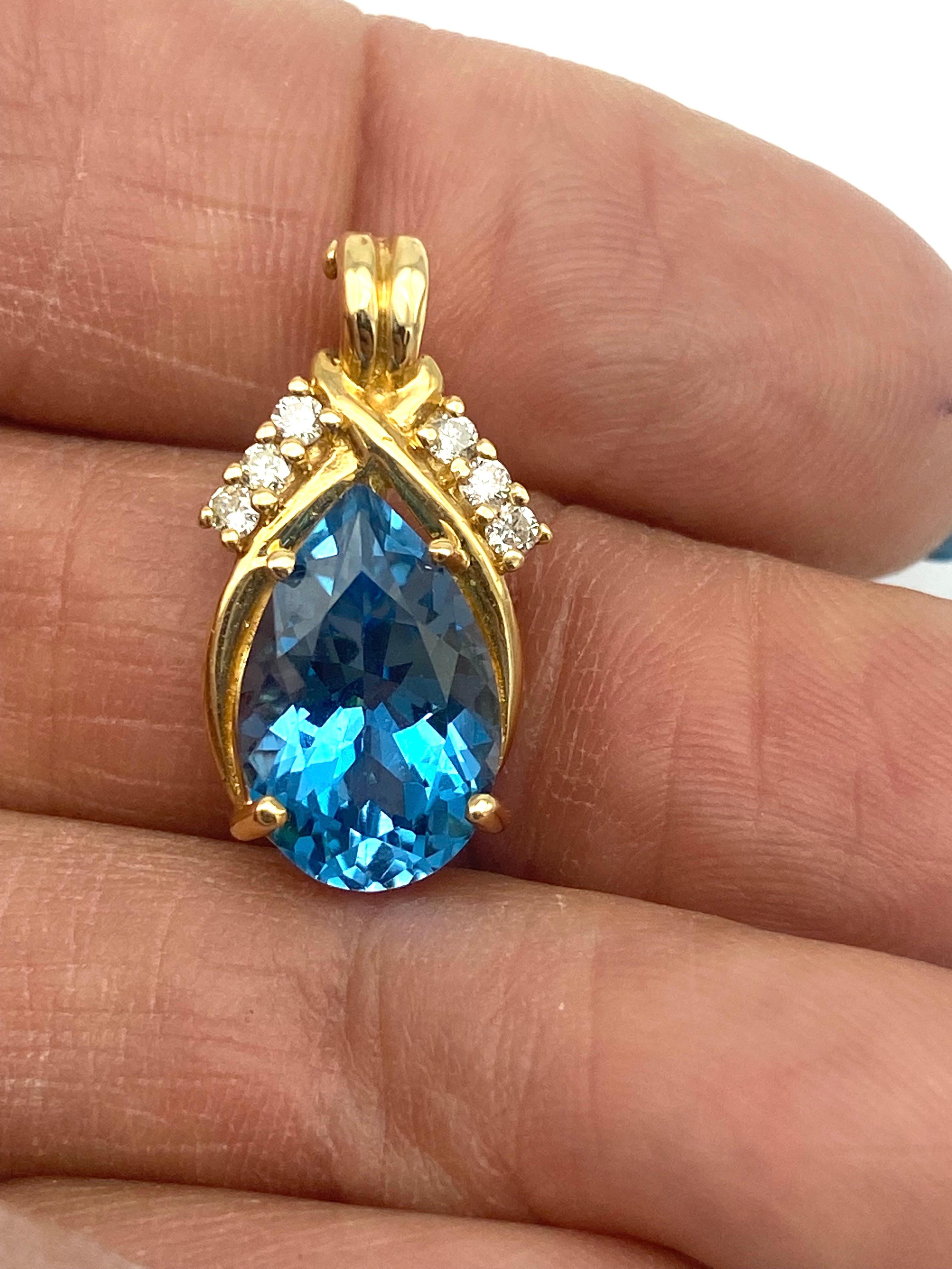 Contemporary Swiss Blue Topaz Pendant Enhancer with Diamonds 14 Karat Yellow Gold, VS2-G For Sale