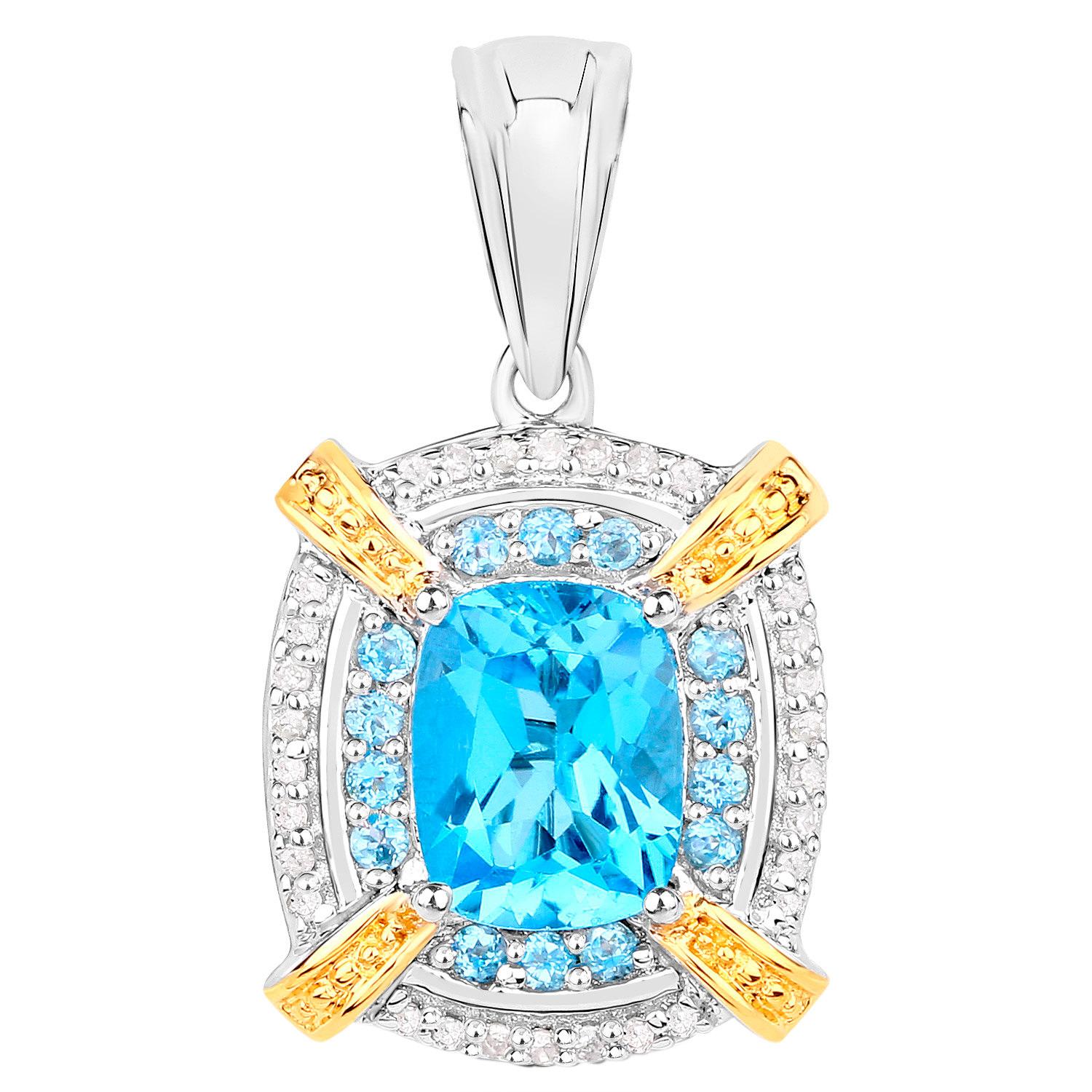 Taille ovale Collier pendentif en argent sterling suisse avec topaze bleue sertie de diamants de 3,85 carats en vente