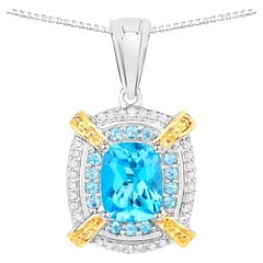 Swiss Blue Topaz Pendant Necklace Diamond Setting 3.85 Carats Sterling Silver