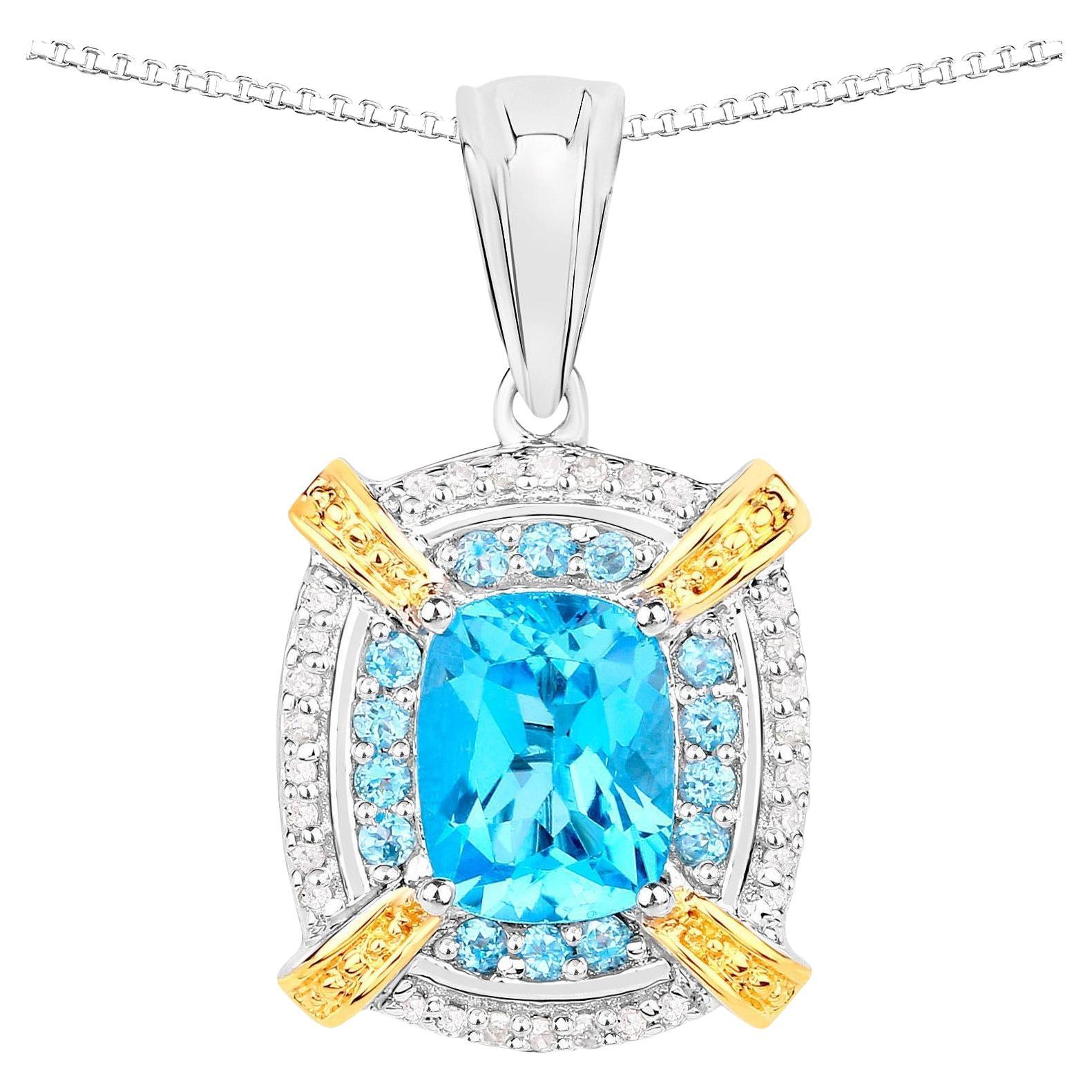 Schweizer Blauer Topas Anhänger Halskette Diamantfassung 3,85 Karat Sterlingsilber