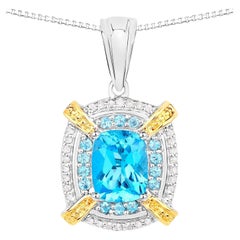 Swiss Blue Topaz Pendant Necklace Diamond Setting 3.85 Carats Sterling Silver