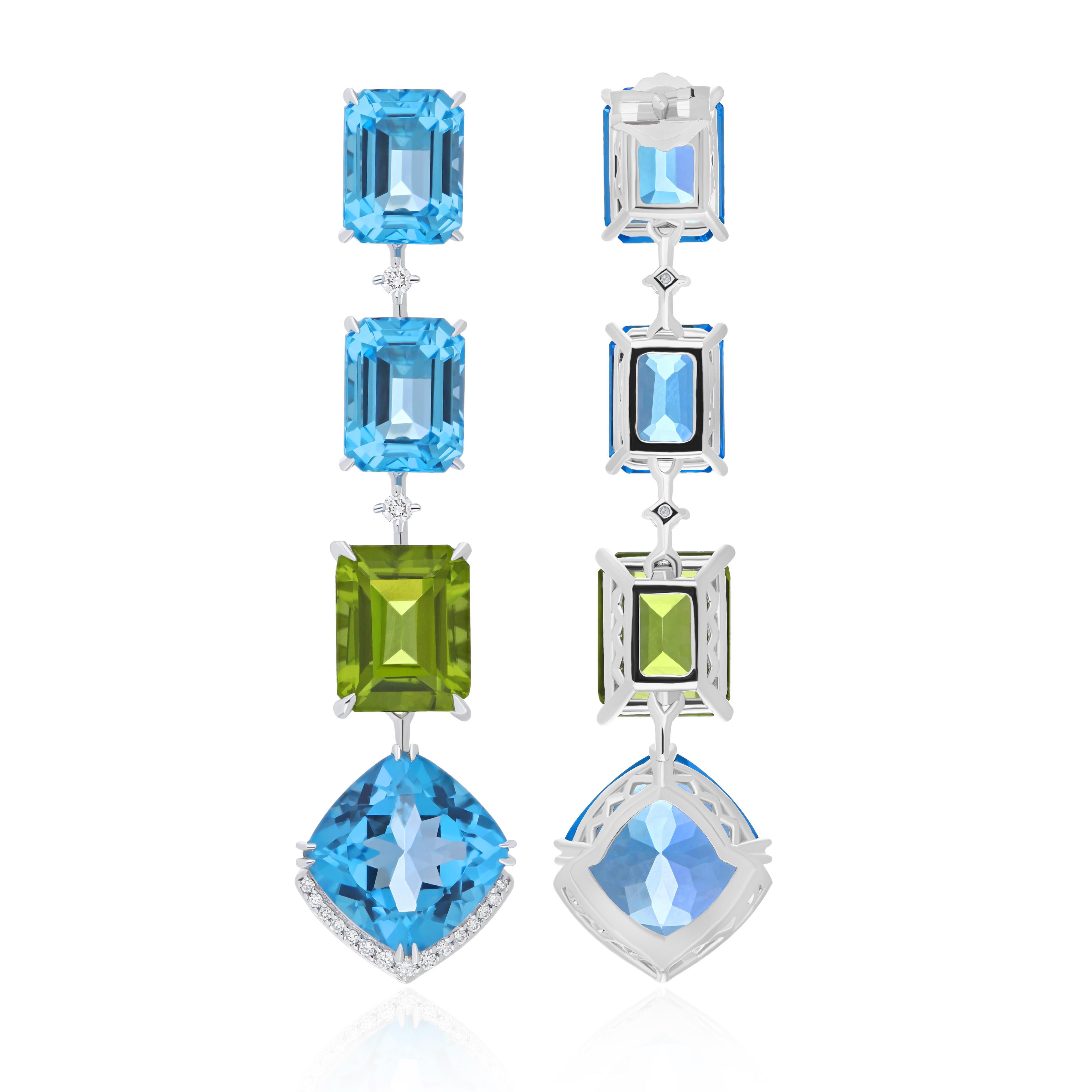 Taglio misto Orecchino regalo di compleanno in oro bianco 14 carati con topazio blu, peridoto e diamanti in vendita