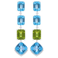Boucles d'oreilles cadeau d'anniversaire en or blanc 14 carats avec topaze bleue suisse, péridot et diamant