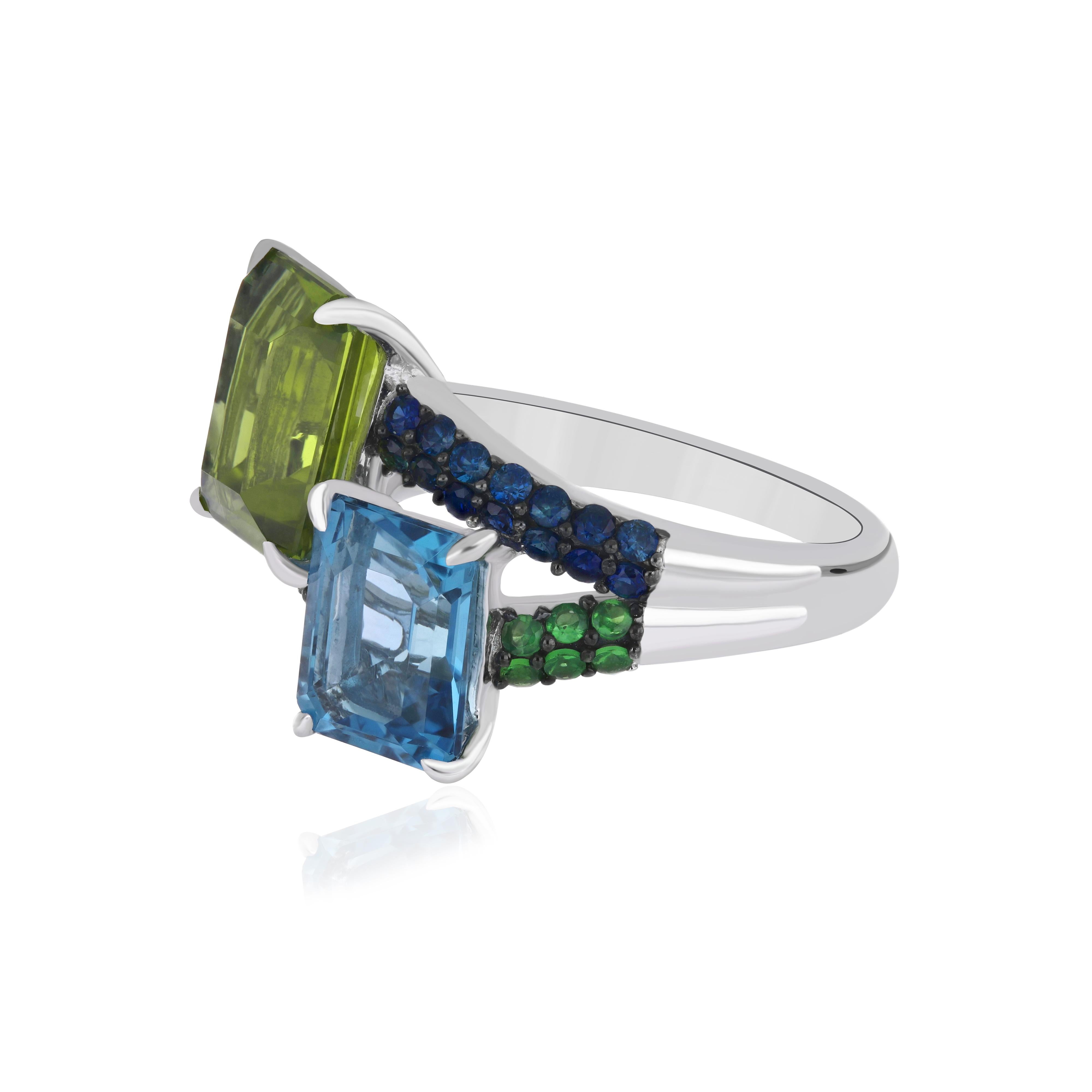 Octagon Cut Swiss Blue Topaz, Peridot and Diamond Cocktail Ring in 14 Karat White Gold For Sale