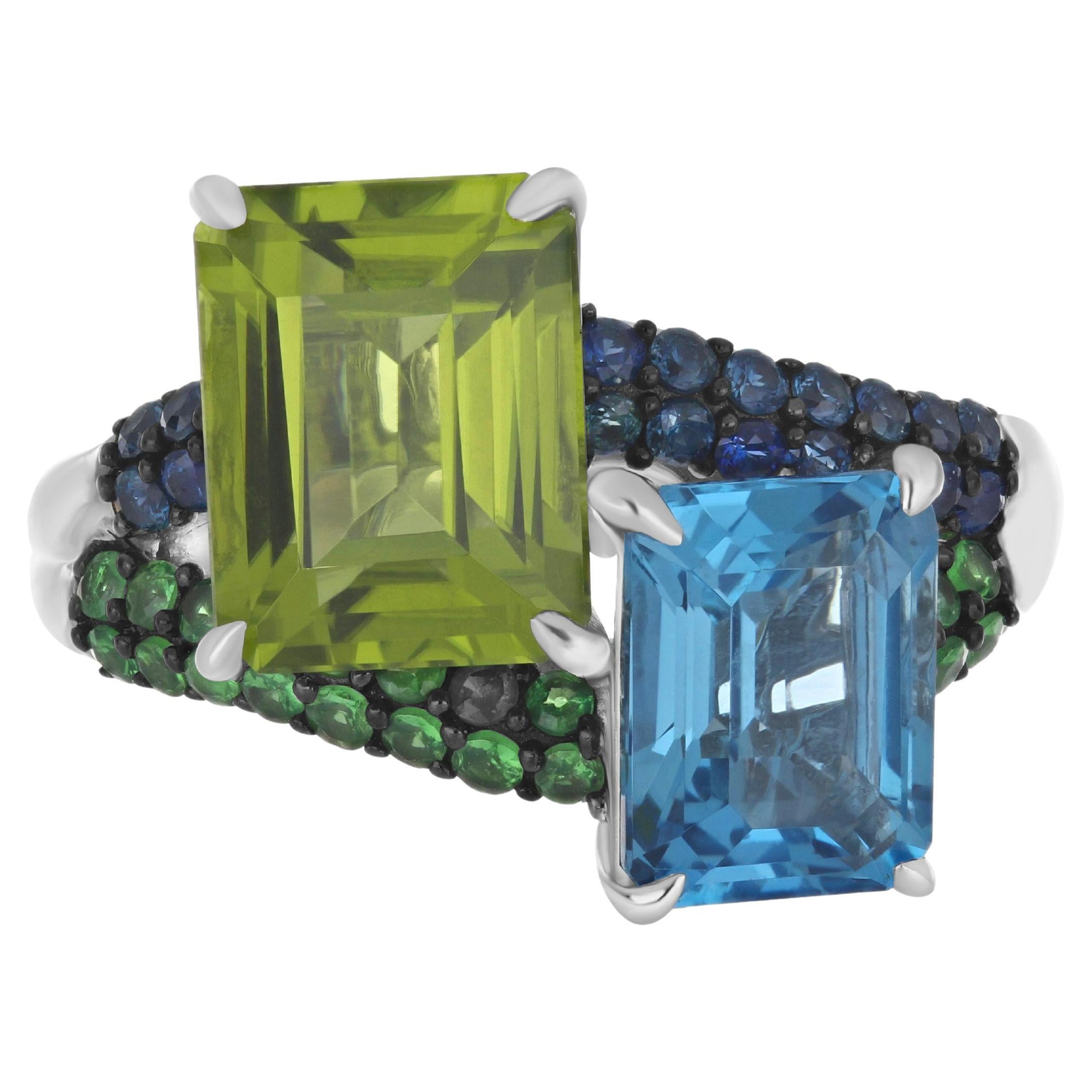 Swiss Blue Topaz, Peridot and Diamond Cocktail Ring in 14 Karat White Gold For Sale