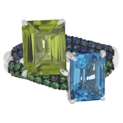 Swiss Blue Topaz, Peridot and Diamond Cocktail Ring in 14 Karat White Gold