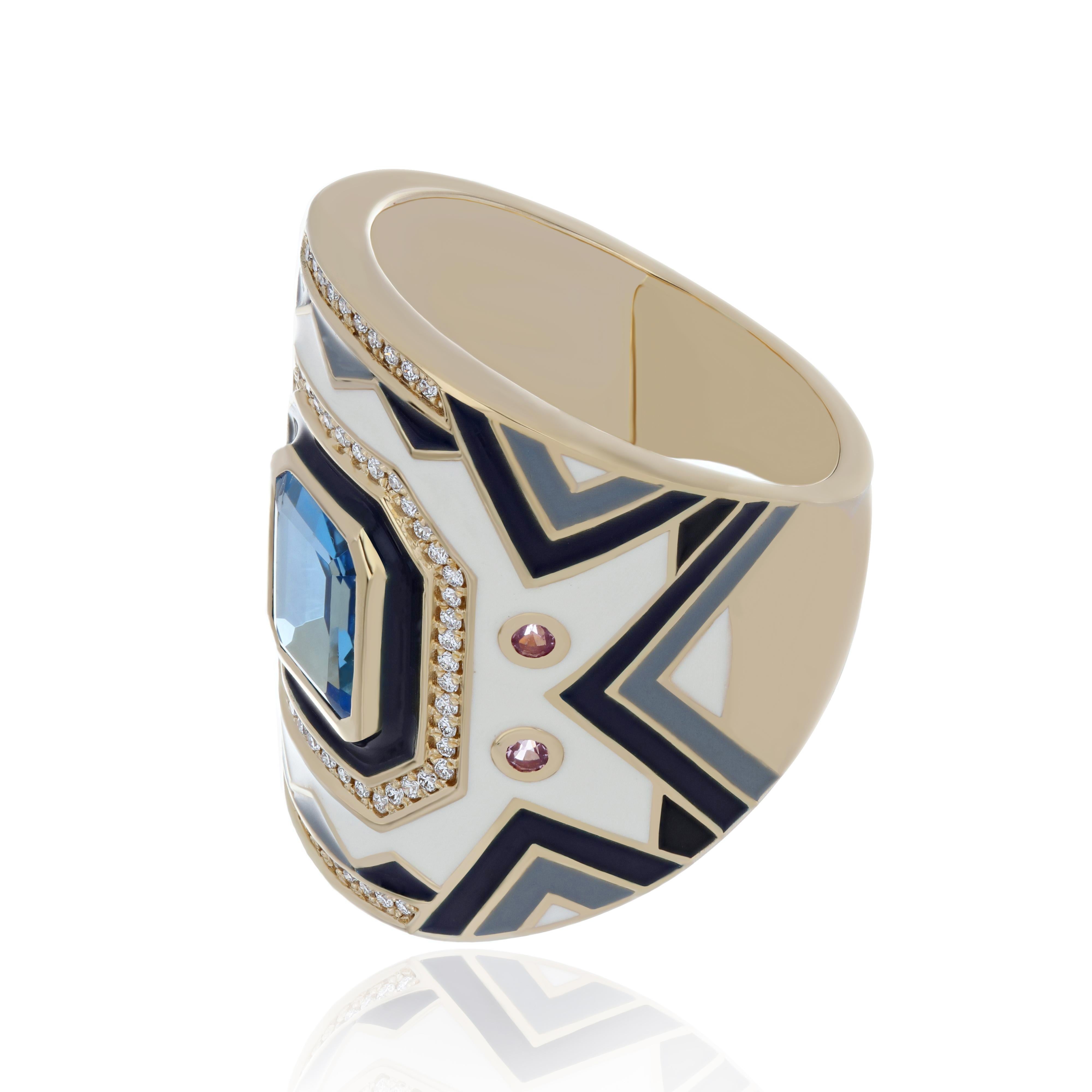 For Sale:  Swiss Blue Topaz, Pink Sapphire & Diamond Ring with Enamel in 14K Yellow Gold 4