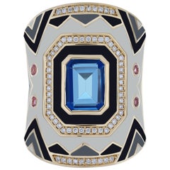 Schweizer Ring aus 14 Karat Gelbgold mit blauem Topas, rosa Saphir und Diamant mit Emaille