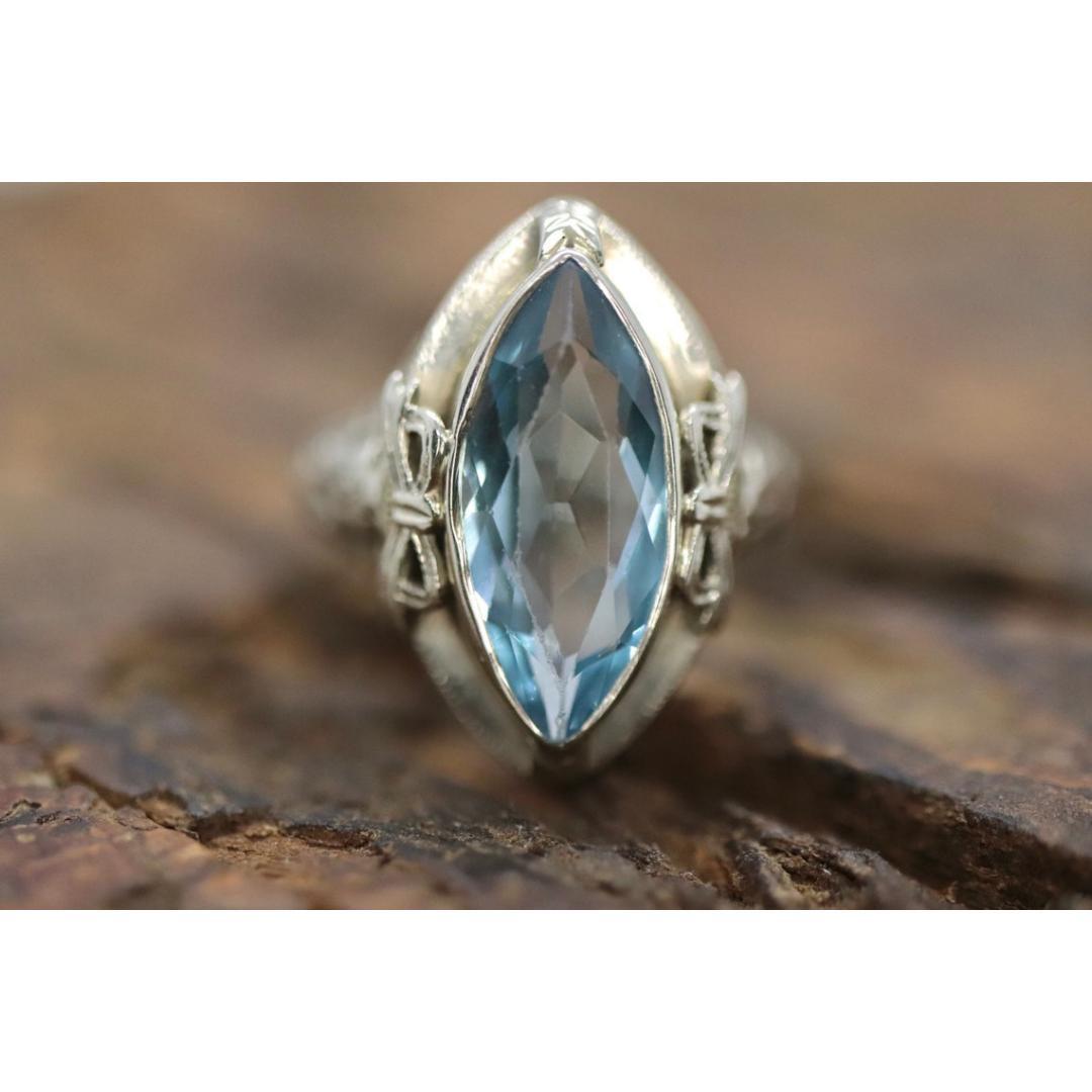 Swiss Blue Topaz Ring. 14k White Gold Filigree Design. Art Deco 1920 Era. For Sale 7