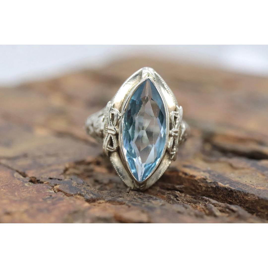 Swiss Blue Topaz Ring. 14k White Gold Filigree Design. Art Deco 1920 Era. For Sale 1