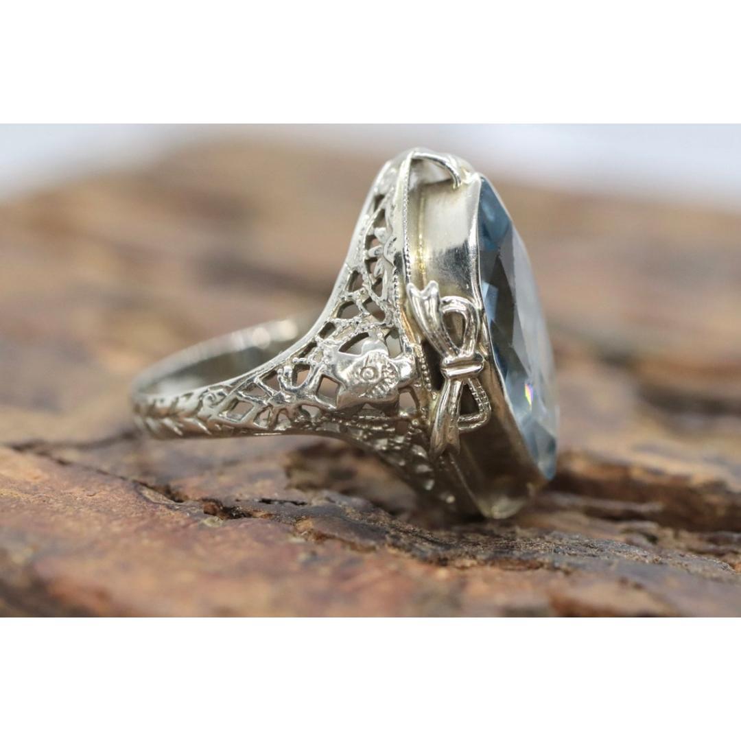 Swiss Blue Topaz Ring. 14k White Gold Filigree Design. Art Deco 1920 Era. For Sale 2