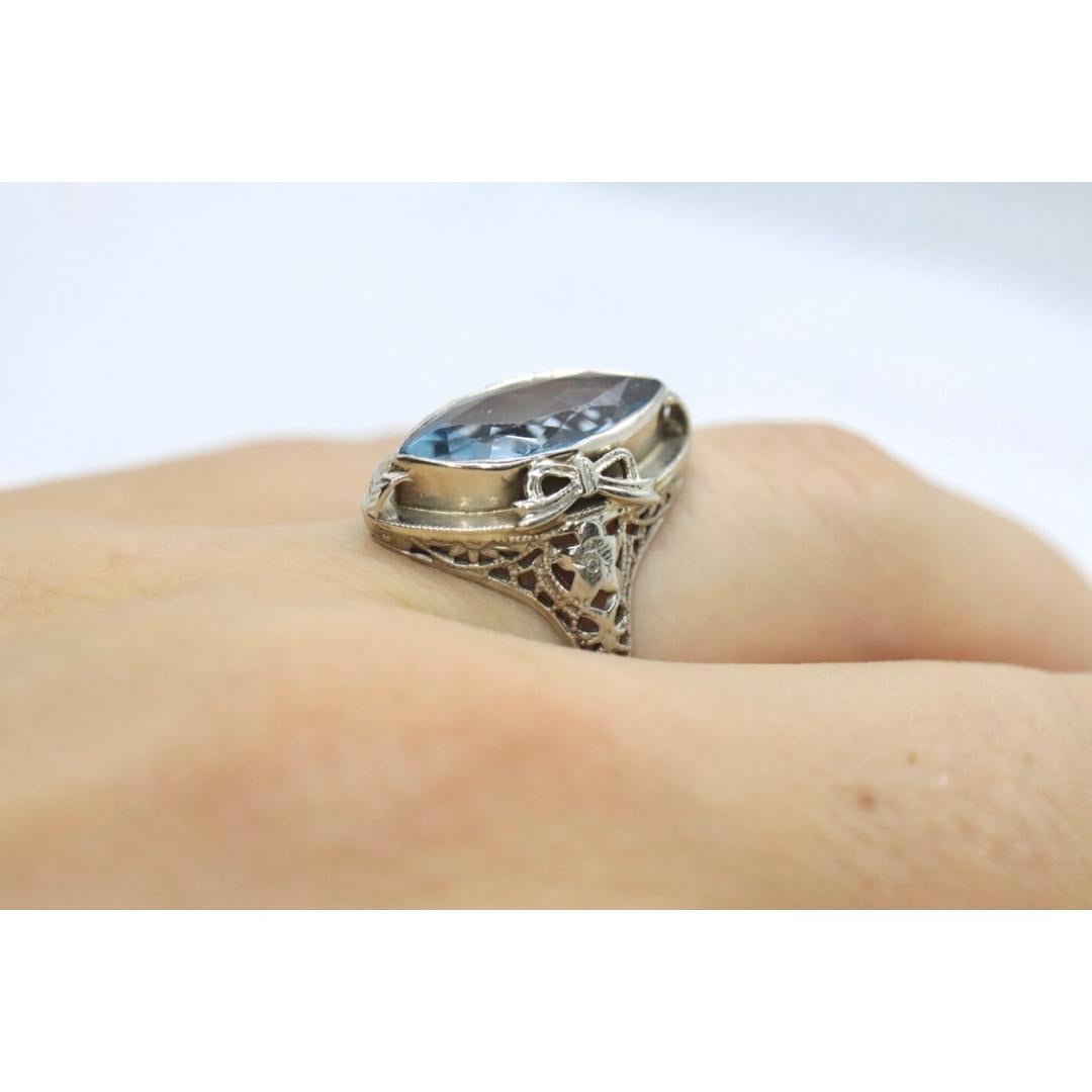 Swiss Blue Topaz Ring. 14k White Gold Filigree Design. Art Deco 1920 Era. For Sale 4