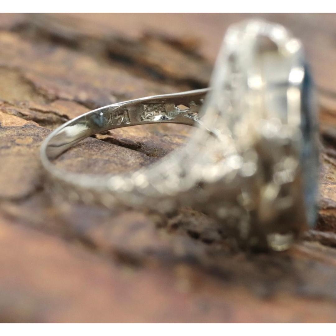 Swiss Blue Topaz Ring. 14k White Gold Filigree Design. Art Deco 1920 Era. For Sale 5
