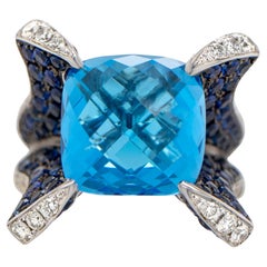Swiss Blue Topaz Ring Diamonds and Sapphires 13.8 Carats 18K Gold