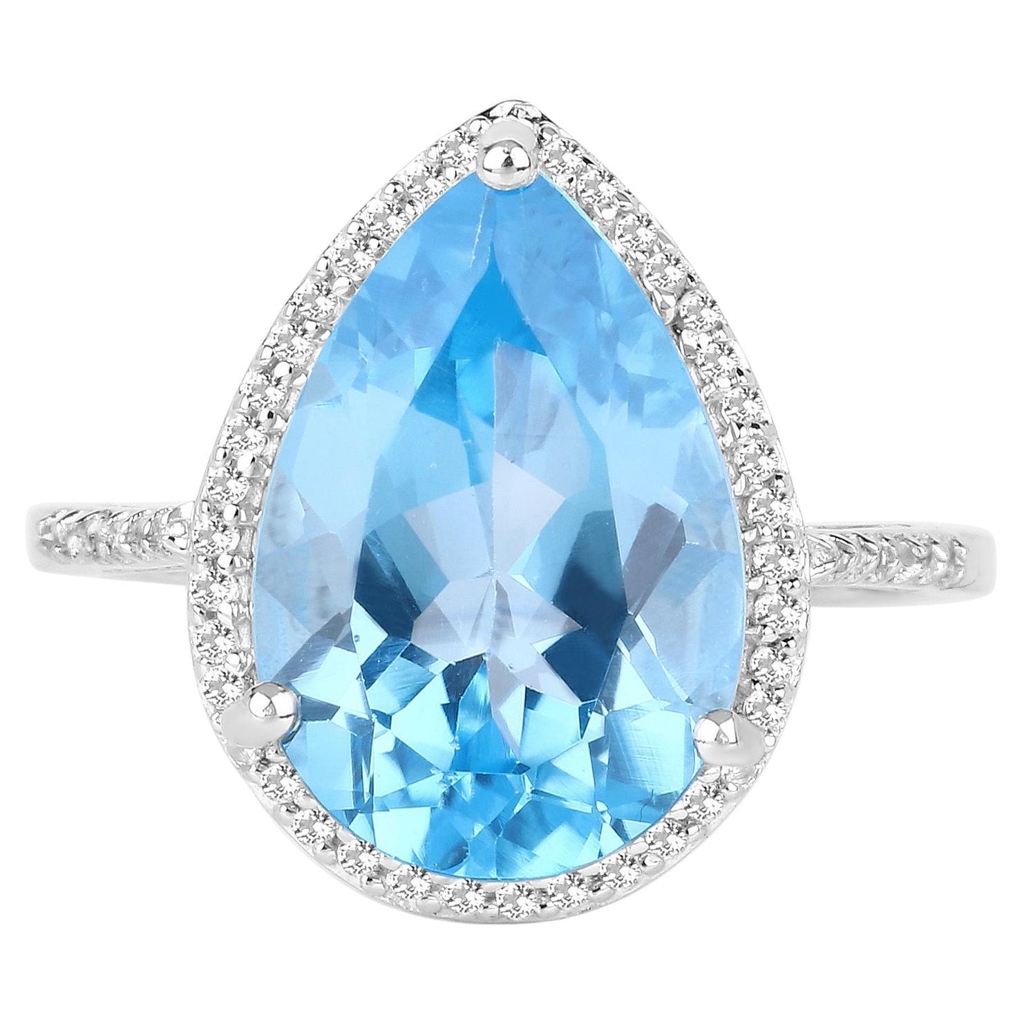 Swiss Blue Topaz Ring White Topaz 6.75 Carats Sterling Silver