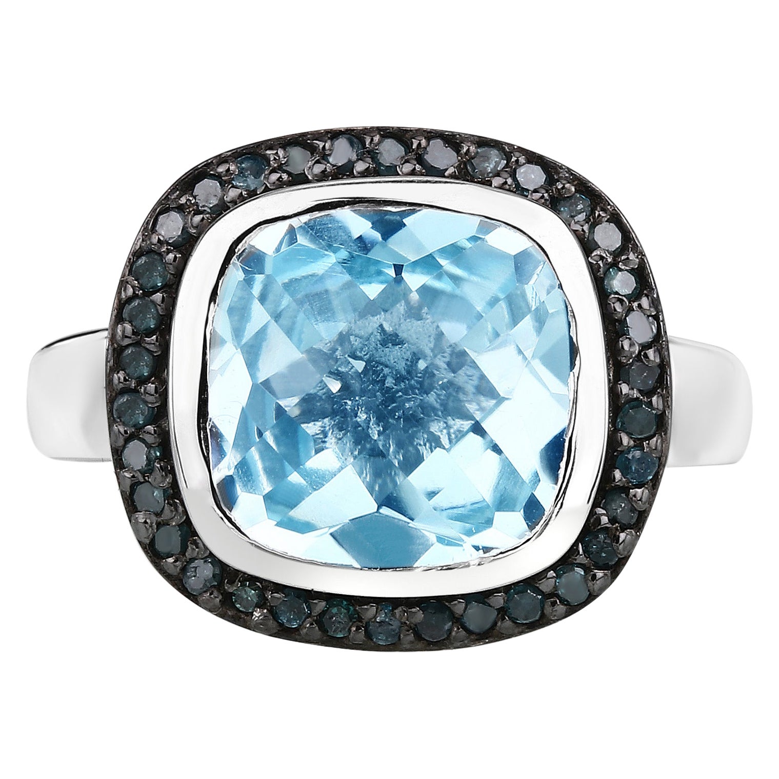 Anello con topazio blu svizzero e diamanti neri da 5.2 carati, in argento sterling