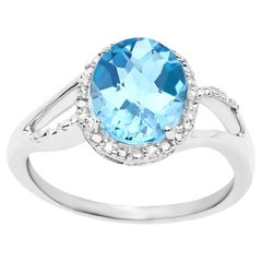 Swiss Blue Topaz Ring With Diamonds 3.30 Carats 10K White Gold
