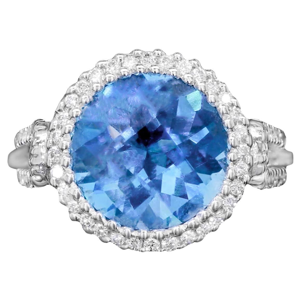 Swiss Blue Topaz Ring With Diamonds 3.79 Carats 18K White Gold