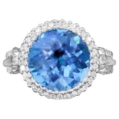 Swiss Blue Topaz Ring With Diamonds 3.79 Carats 18K White Gold