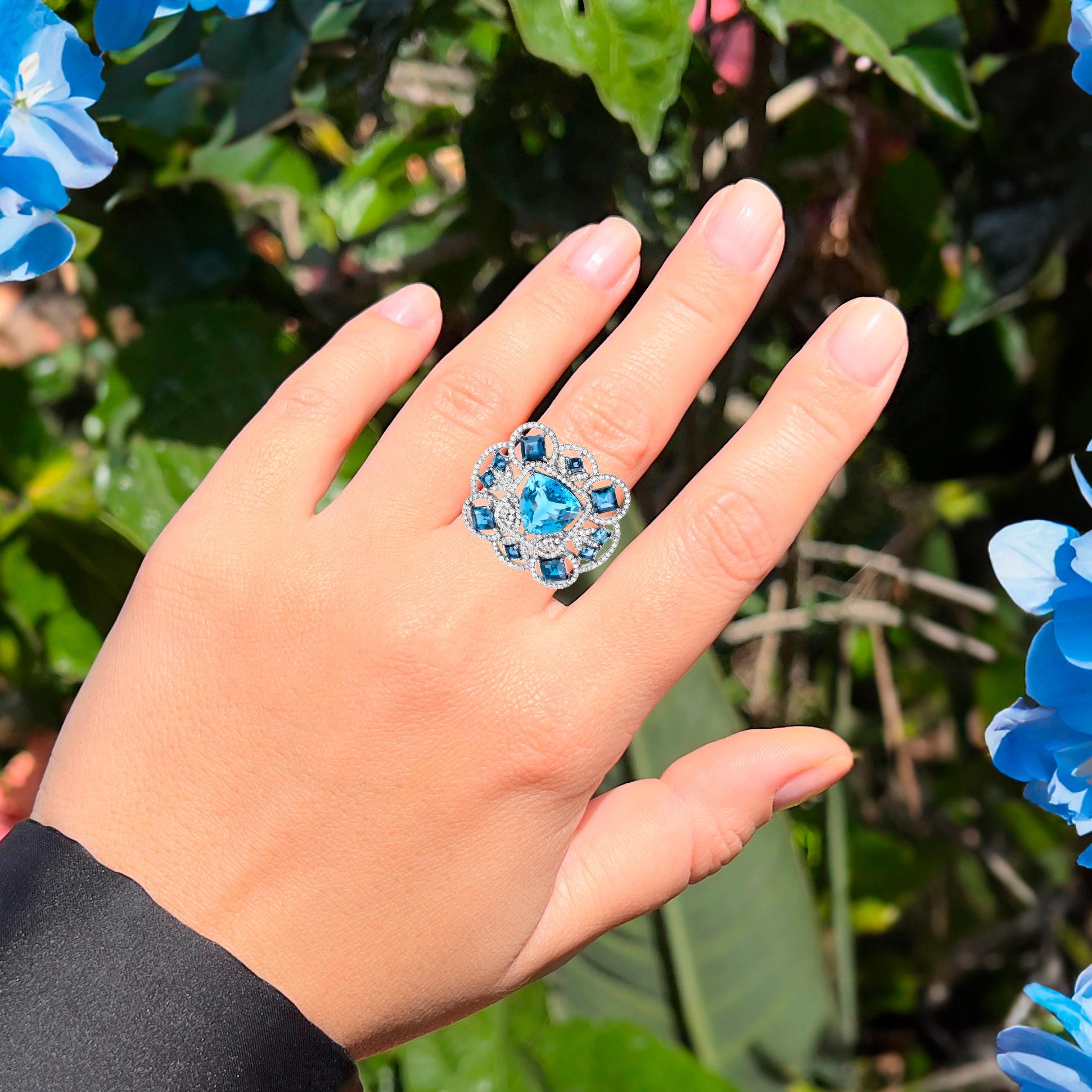 Schweizer blauer Topas-Ring mit Londoner blauen Topas und Diamanten 13,87 Karat (Art déco) im Angebot