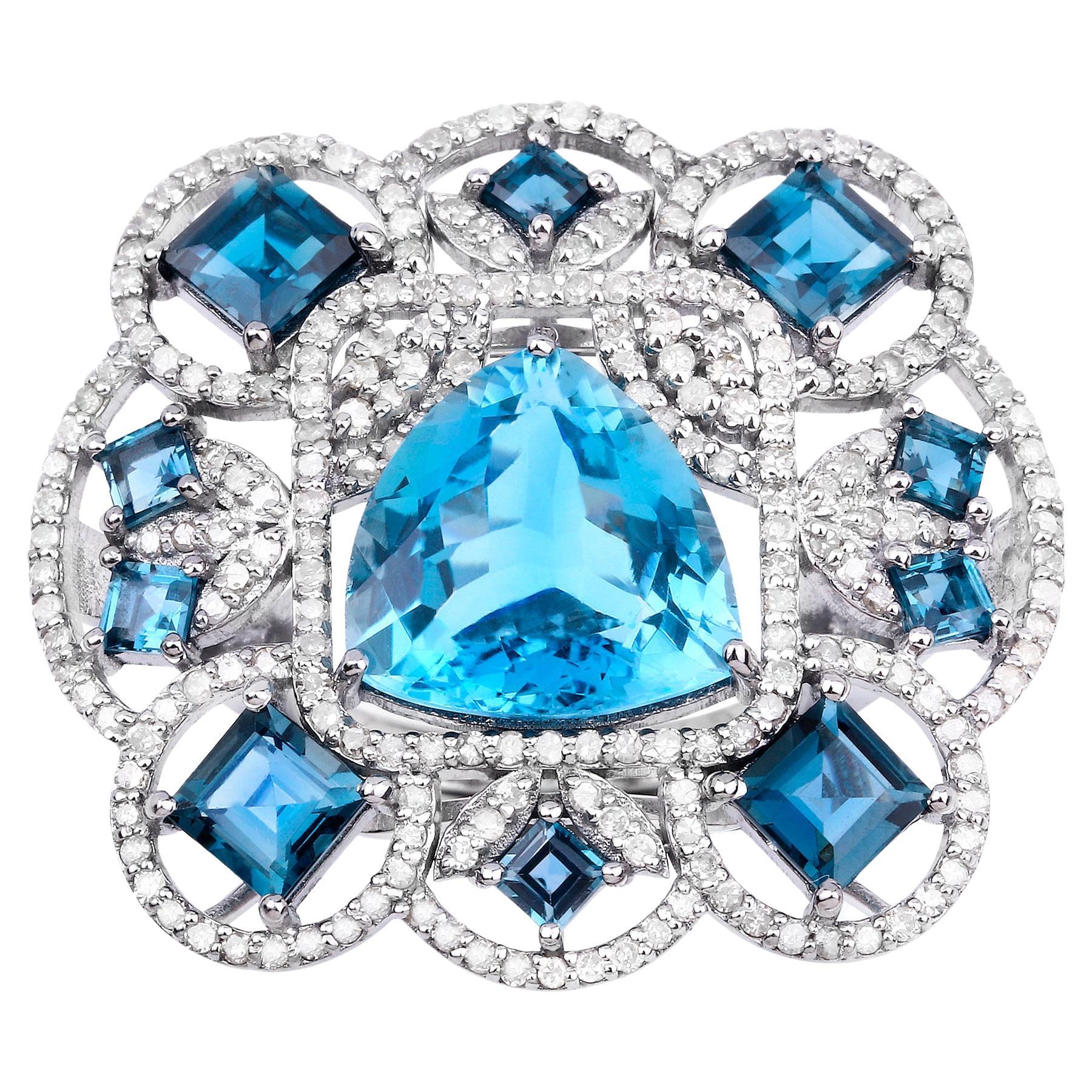 Swiss Blue Topaz Ring With London Blue Topazes and Diamonds 13.87 Carats For Sale