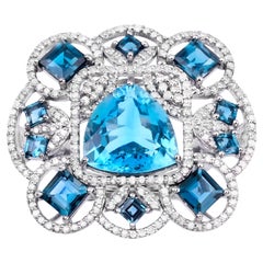 Swiss Blue Topaz Ring With London Blue Topazes and Diamonds 13.87 Carats