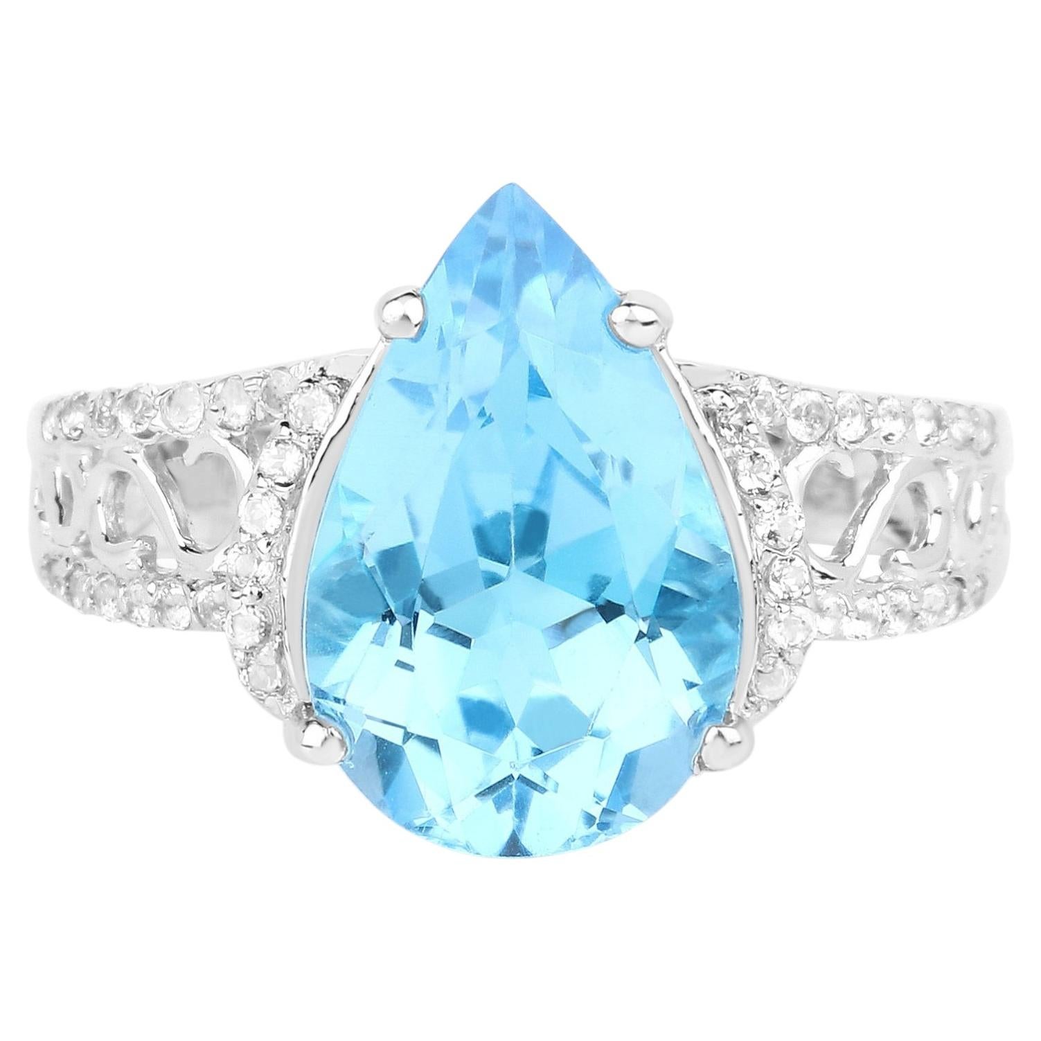 Swiss Blue Topaz Ring With White Topaz 5.36 Carats Sterling Silver For Sale