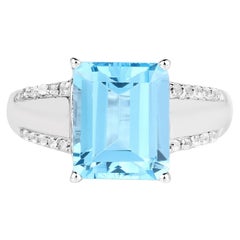 Swiss Blue Topaz Ring With White Topaz 5.74 Carats Sterling Silver