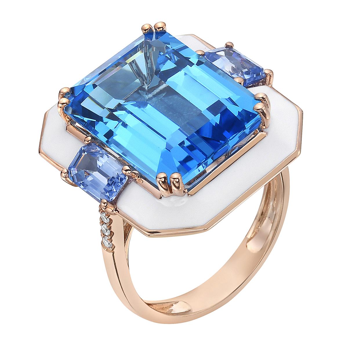 With this exquisite semi-precious swiss blue topaz rose gold diamond ring, style and glamour are in the spotlight. This 18-karat emerald cut ring is made from 5.29 grams of gold, 3 swiss blue topazes totaling 13.65 karats, and is surrounded by white