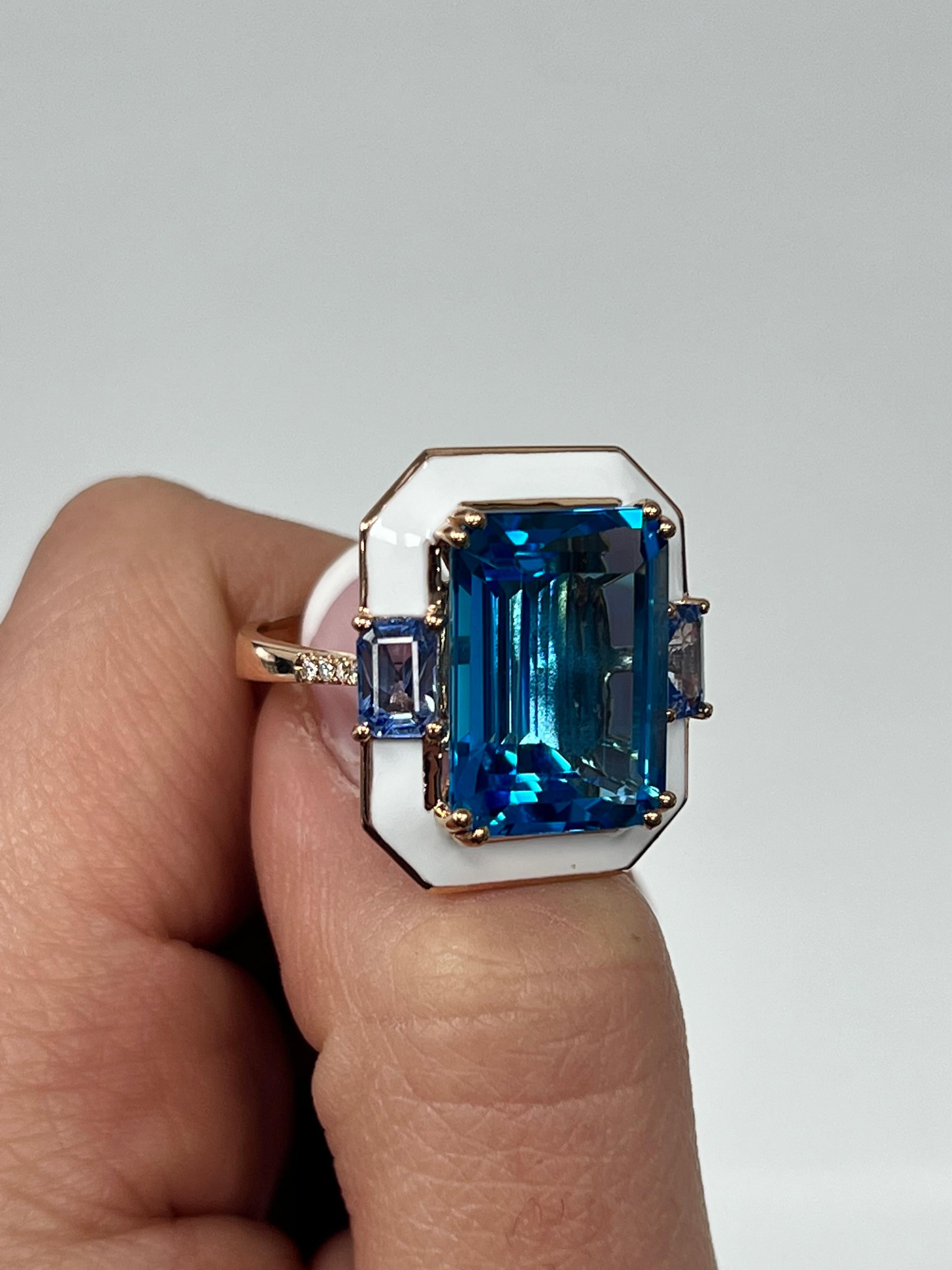 Emerald Cut Swiss Blue Topaz Rose Gold Diamond Ring For Sale