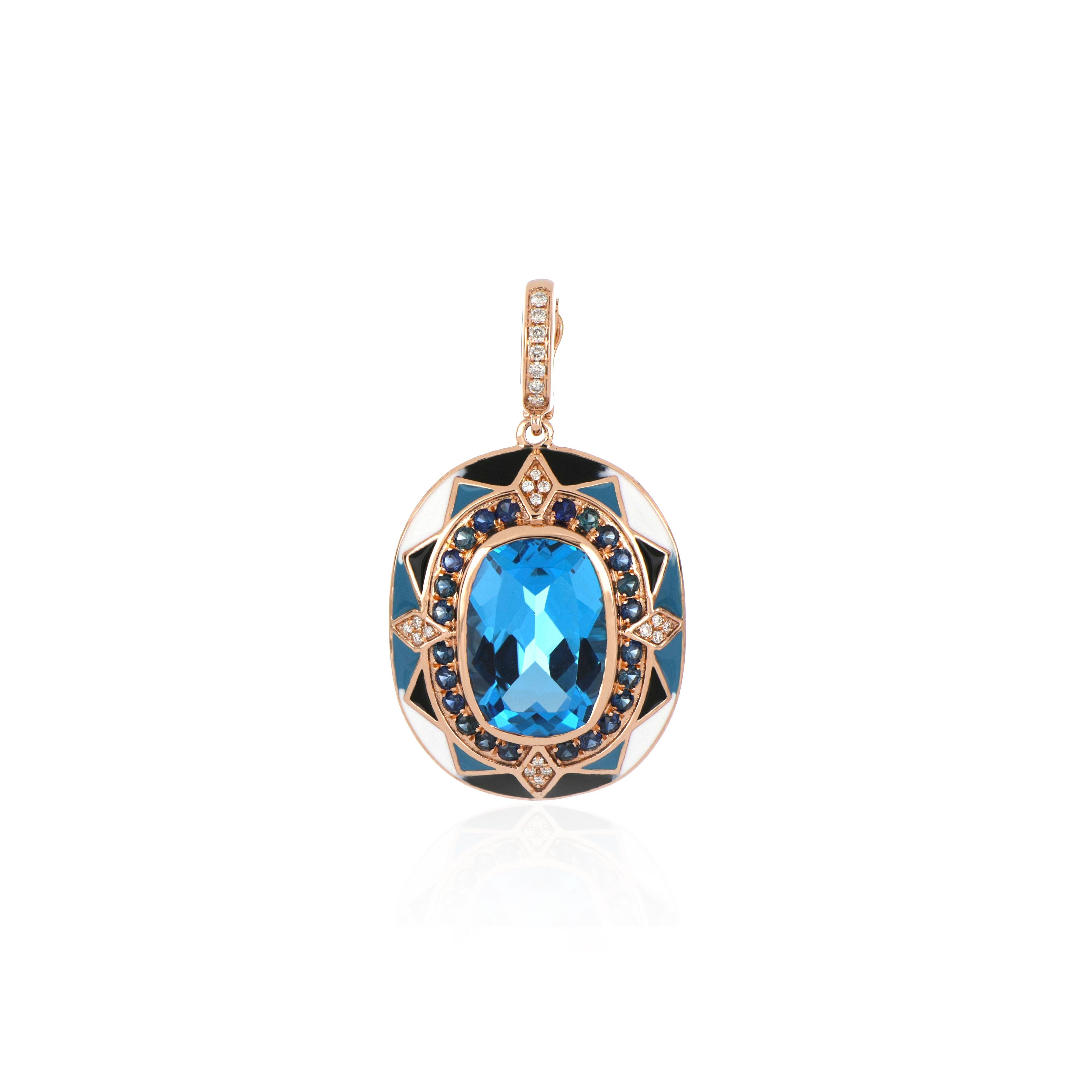 Pendentif en or 14 carats avec topaze bleue suisse et saphir clouté en émail Pour femmes en vente