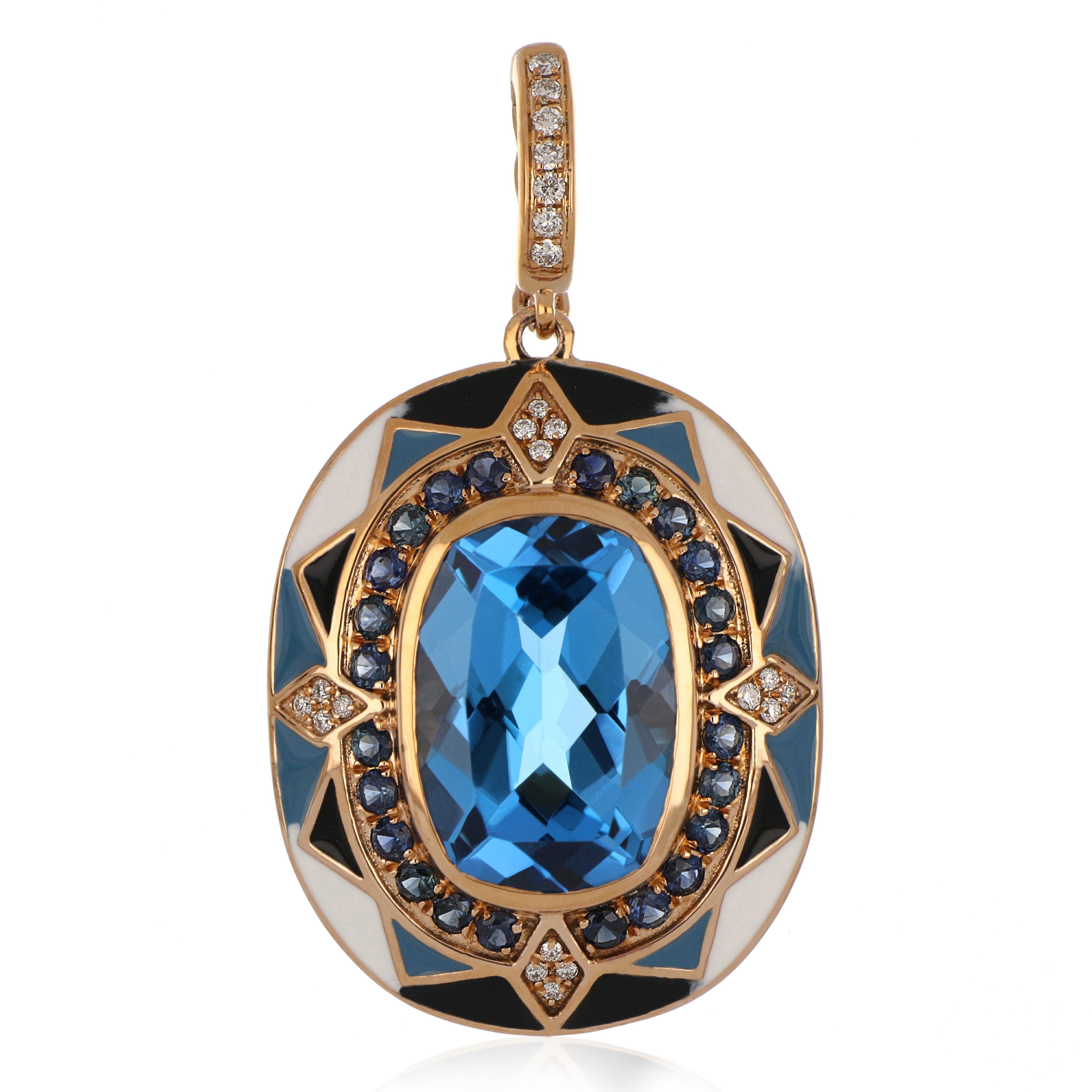 Elegant and exquisite Enamel Cocktail 14 K Pendant, center set with 6.18 Cts. Cushion Cut vibrant Swiss Blue Topaz, surrounded by Blue Sapphire Halo 0.50 Cts. accented with Diamonds, weighing approx. 0.09 Cts. Beautifully Hand crafted in 14 Karat