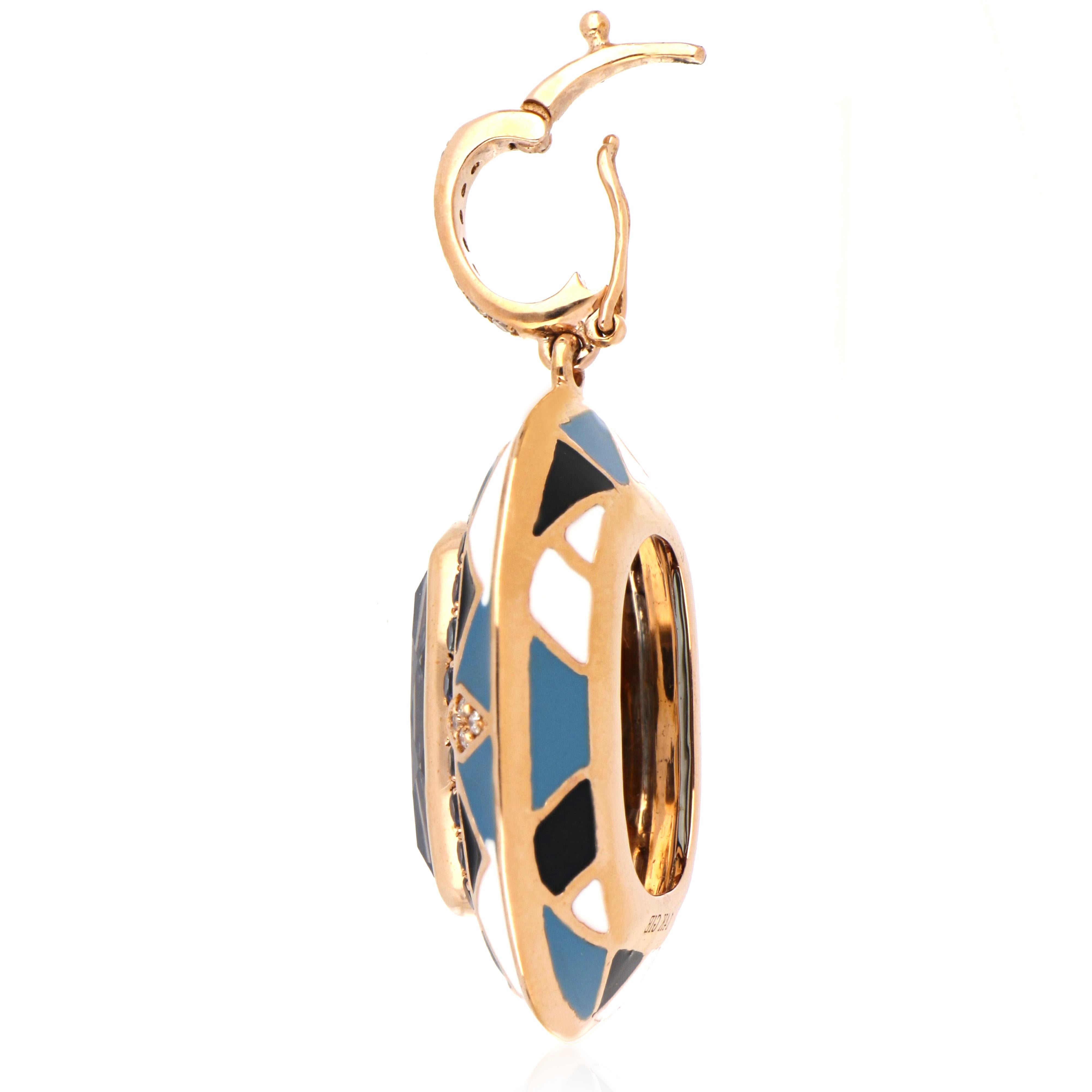 Swiss Blue Topaz & Sapphire Studded Enamel Pendant in 14 Karat Gold In New Condition For Sale In JAIPUR, IN