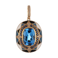 Swiss Blue Topaz & Sapphire Studded Enamel Pendant in 14 Karat Gold