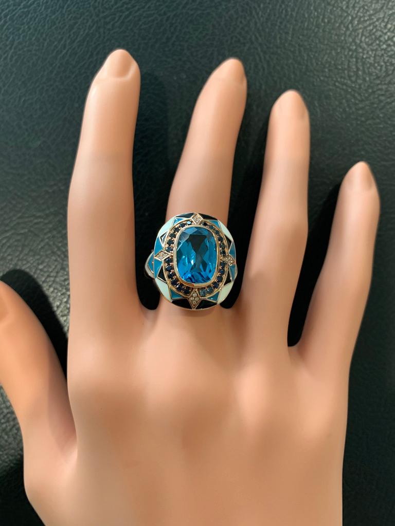 Cushion Cut Swiss Blue Topaz & Sapphire Studded Enamel Ring in 14 Karat Rose Gold For Sale