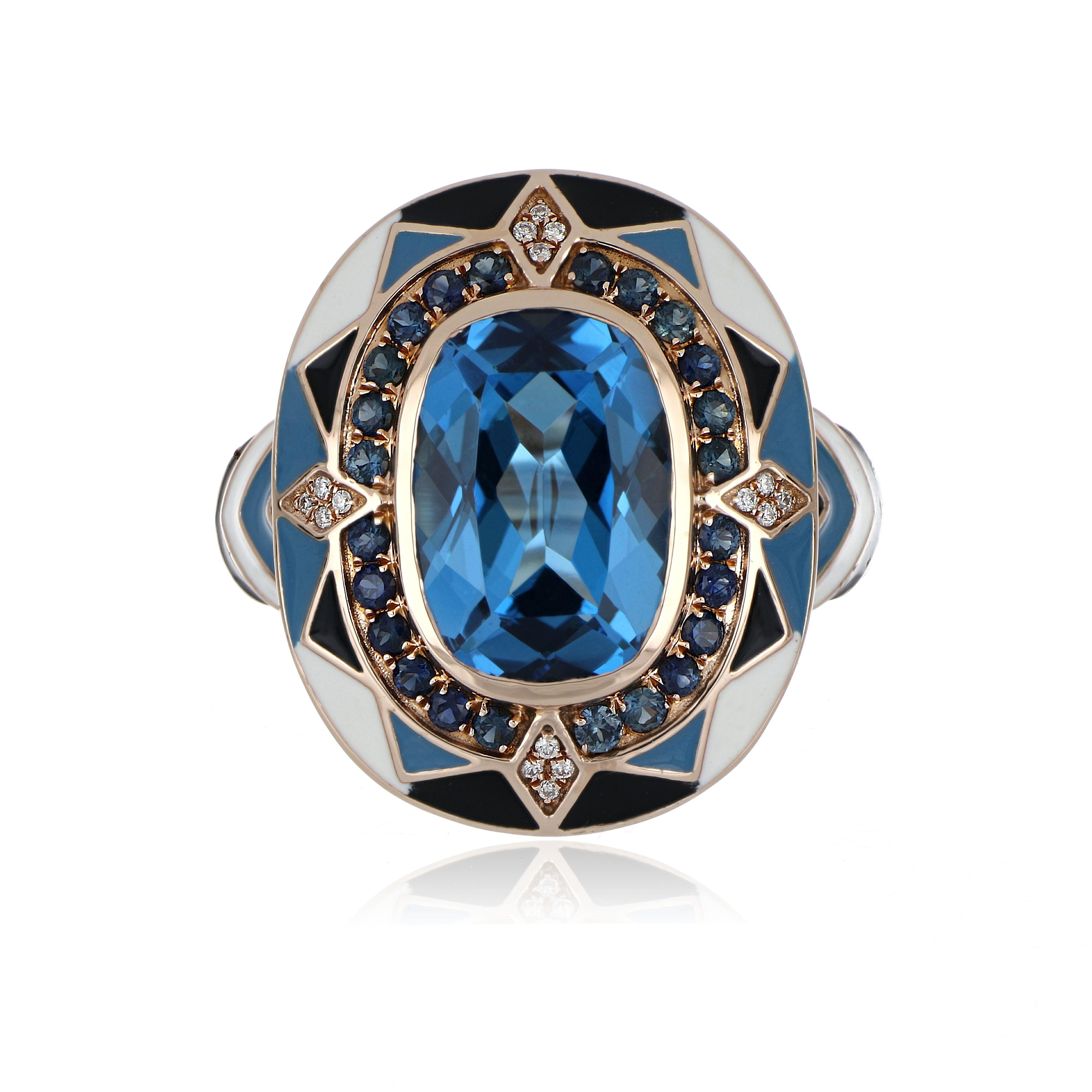 Elegant and exquisite Enamel Cocktail 14 K Ring, center set with 6.14 Cts. Cushion Cut vibrant Swiss Blue Topaz, surrounded by Blue Sapphire Halo 0.48 Cts. accented with Diamonds, weighing approx. 0.05 Cts. Beautifully Hand crafted in 14 Karat Rose