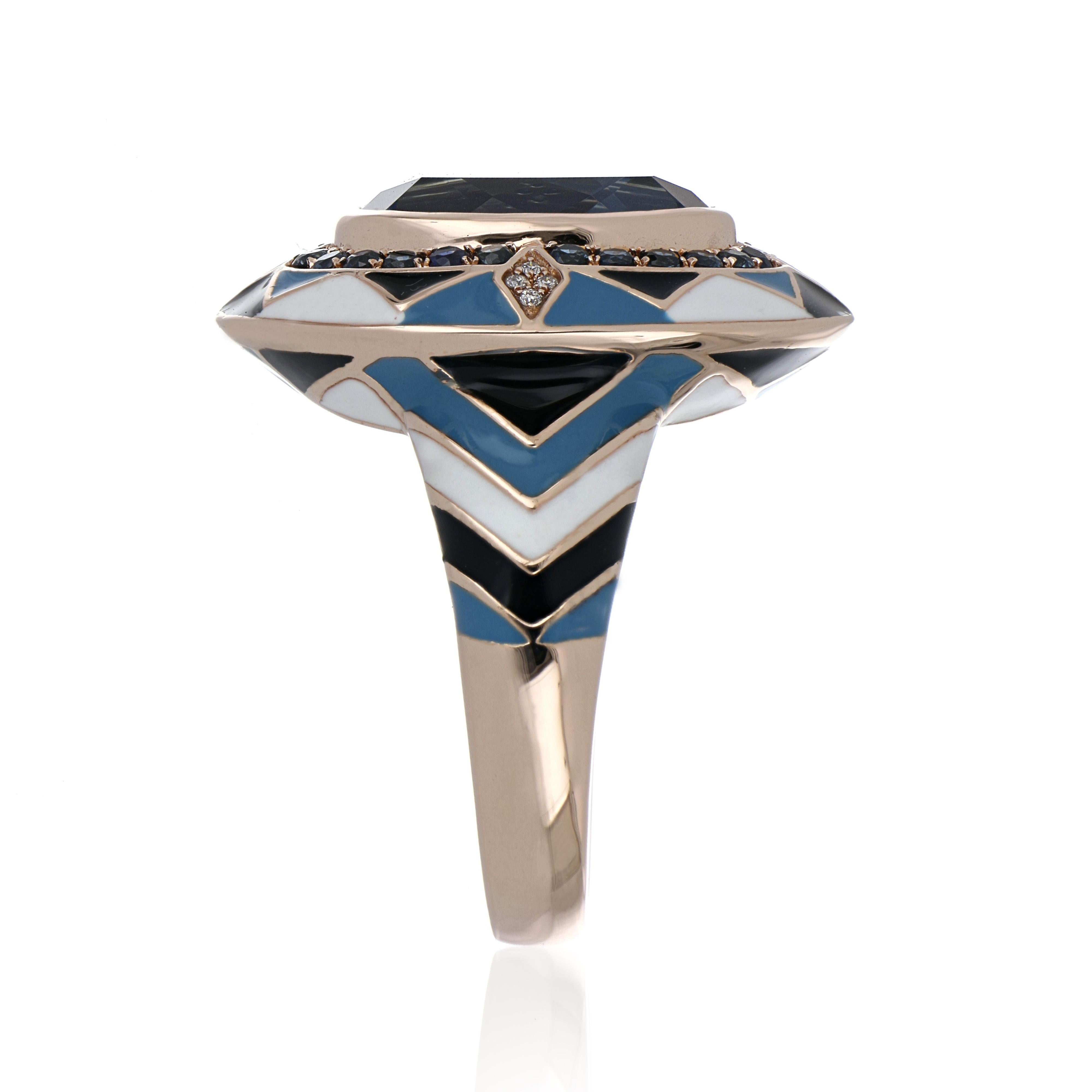 Contemporary Swiss Blue Topaz & Sapphire Studded Enamel Ring in 14 Karat Rose Gold For Sale