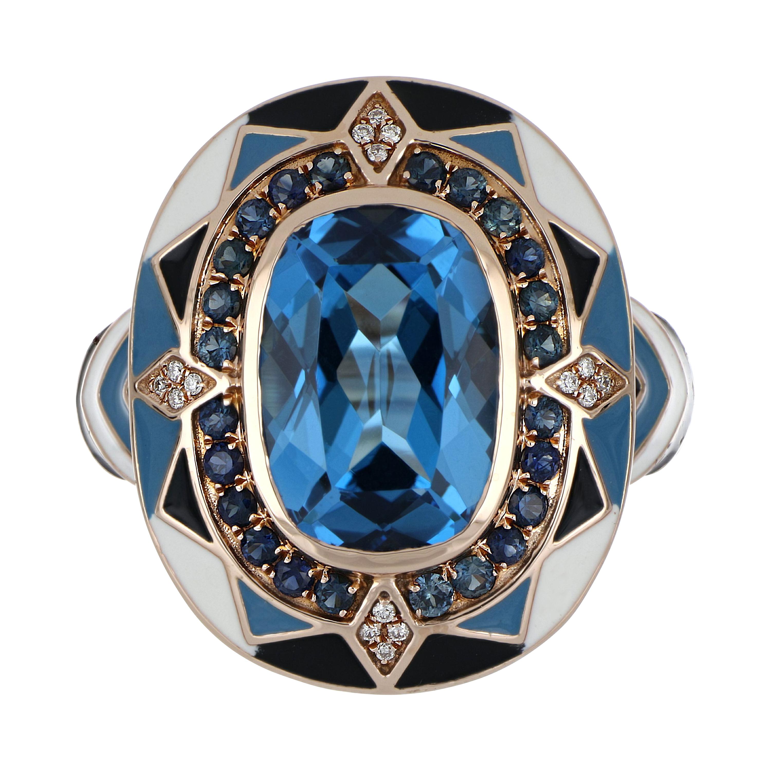 Swiss Blue Topaz & Sapphire Studded Enamel Ring in 14 Karat Rose Gold For Sale
